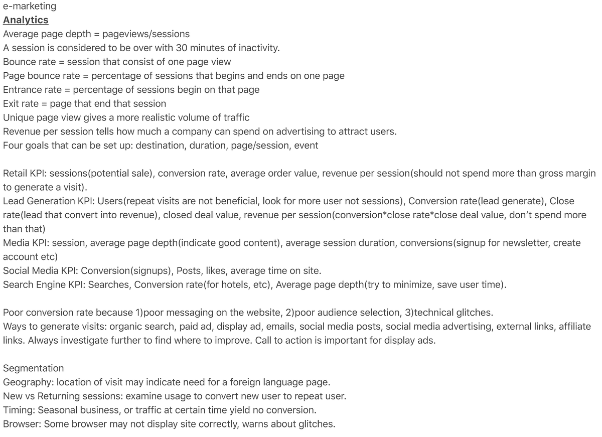 Emarketing, final exam notes Analytics Average page depth A session