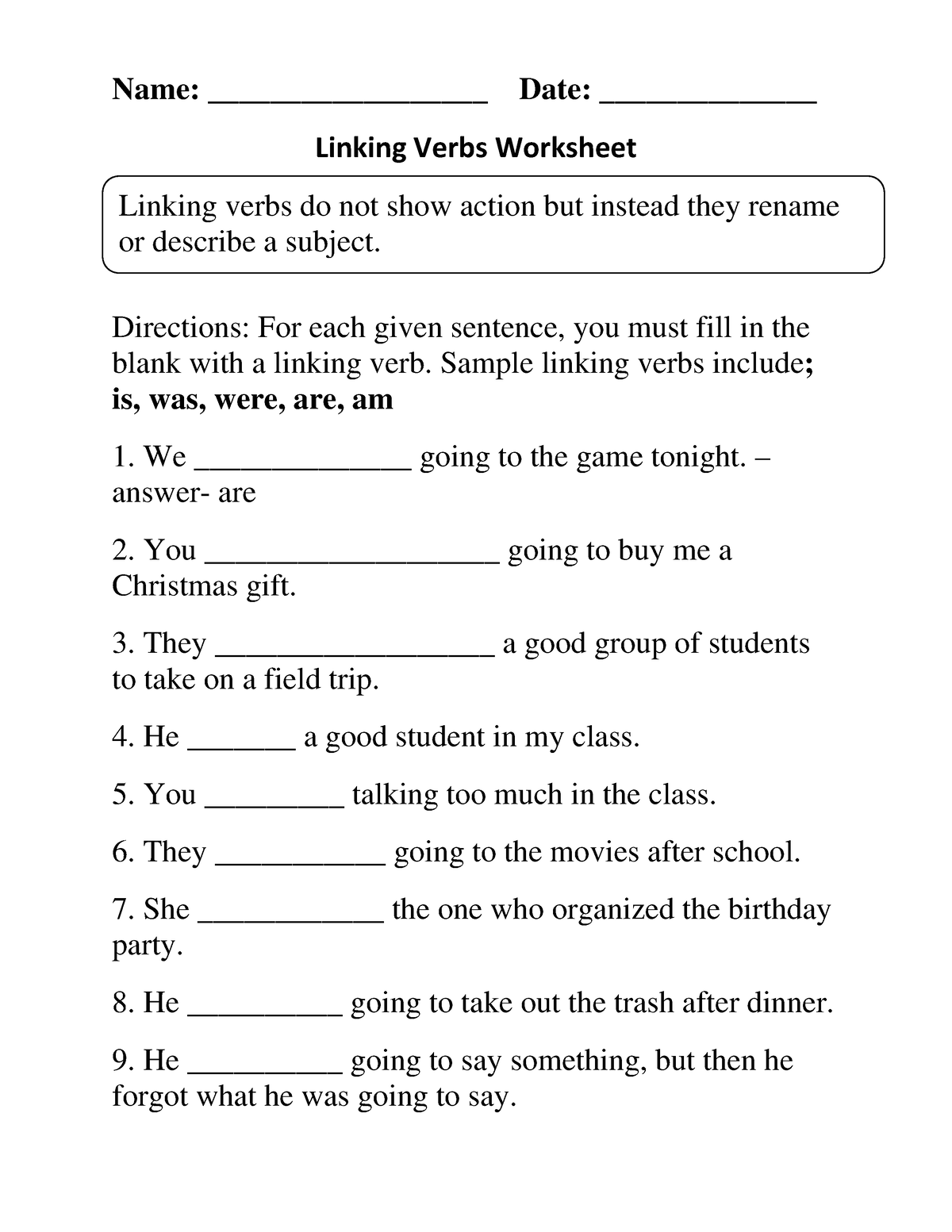 Linking Verbs Worksheet Fill in the Blank Beginner - Name ...