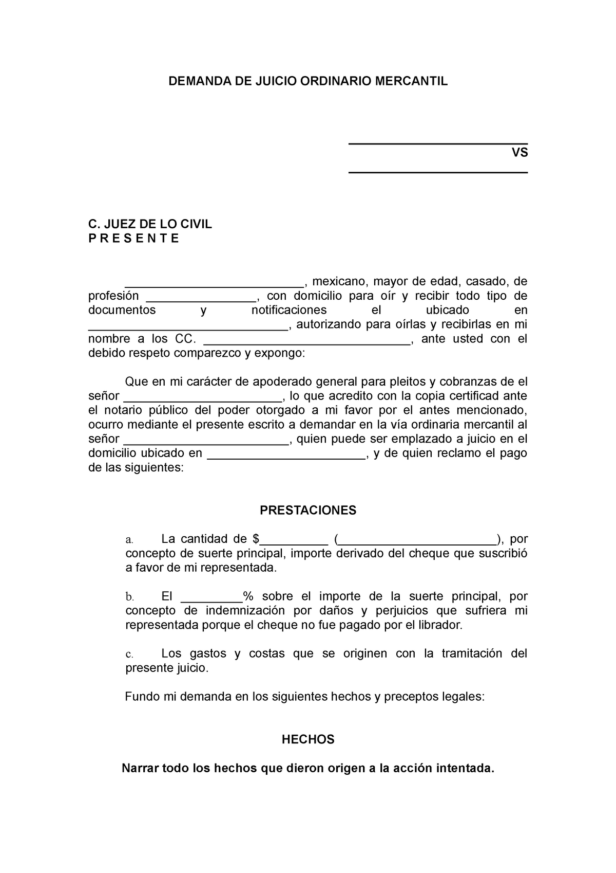 Demanda DE Juicio Ordinario Mercantil - DEMANDA DE JUICIO ORDINARIO  MERCANTIL - Studocu