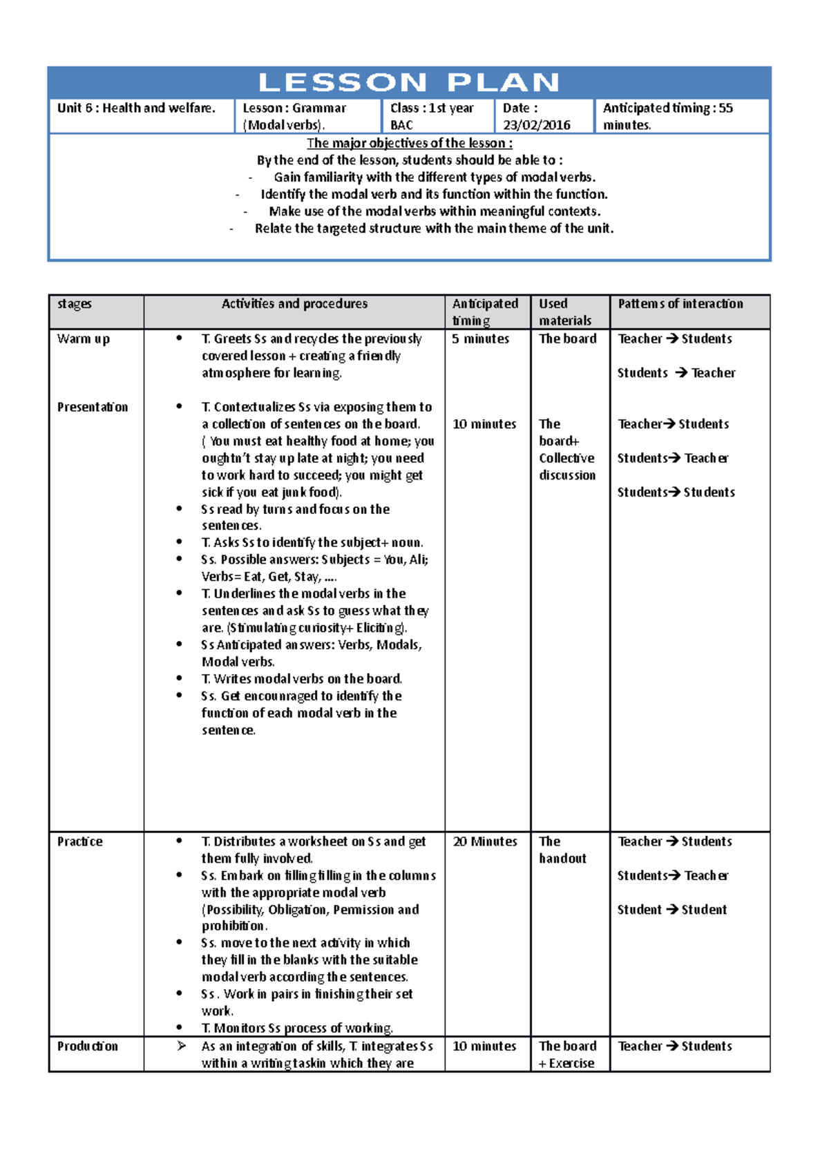 Downloadfile-111 - Modal verbs made easy - LESSON PLAN Unit 6 : Health ...