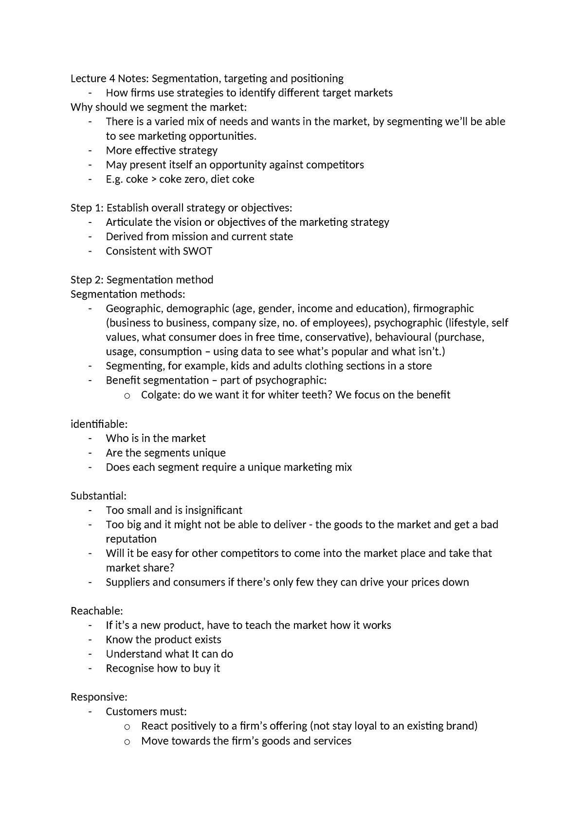 1203 - Lecture 4 Notes - Lecture 4 Notes: Segmentation, Targeting And 