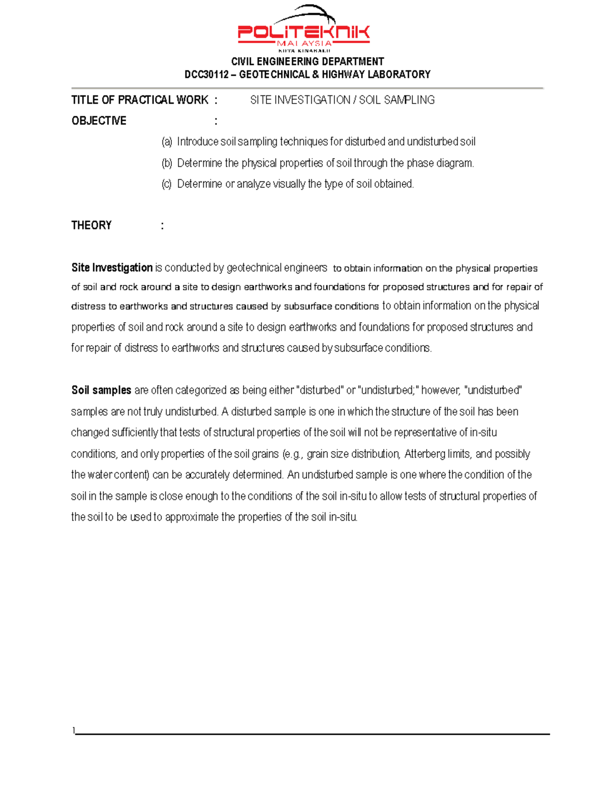 P1 SOIL Sampling help student with their report DCC 30112