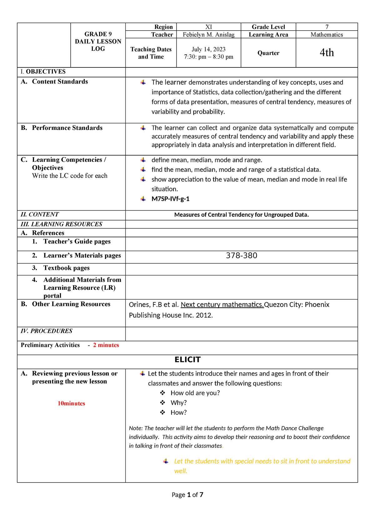 DLL COT 2 2022 mean median mode Copy - GRADE 9 DAILY LESSON LOG Region ...