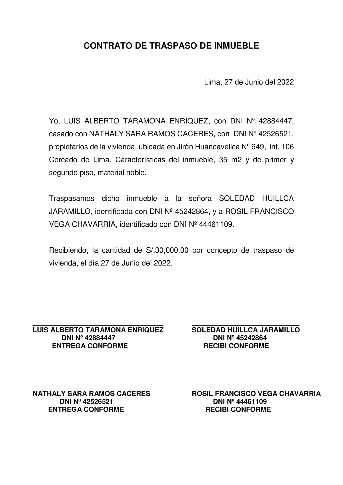 Contrato DE Compra Y Venta Traspaso Inmueble - CONTRATO DE TRASPASO DE  INMUEBLE Lima, 27 de Junio - Studocu