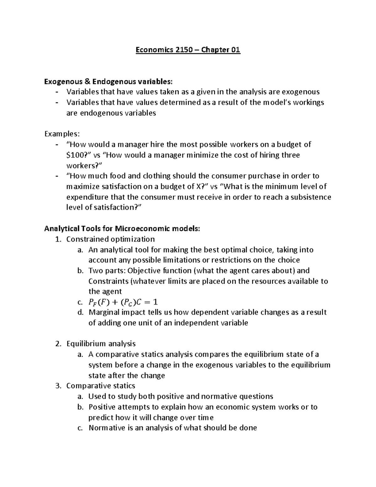 Economics 2150- Chapter 01 - Economics 2150 – Chapter 01 Exogenous ...