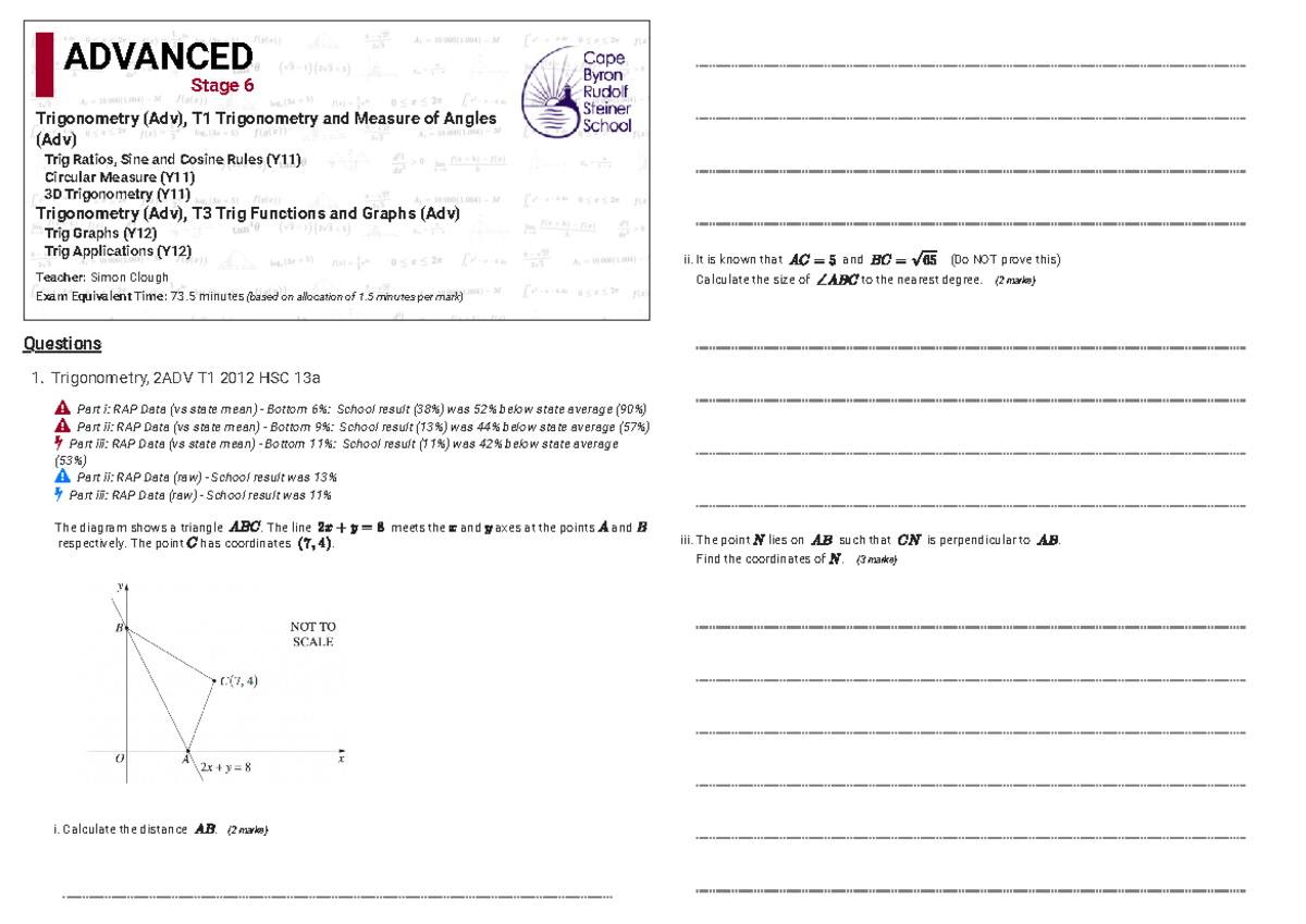 Trig app maths worksheet - 1. Trigonometry, 2ADV T1 2012 HSC 13a ...