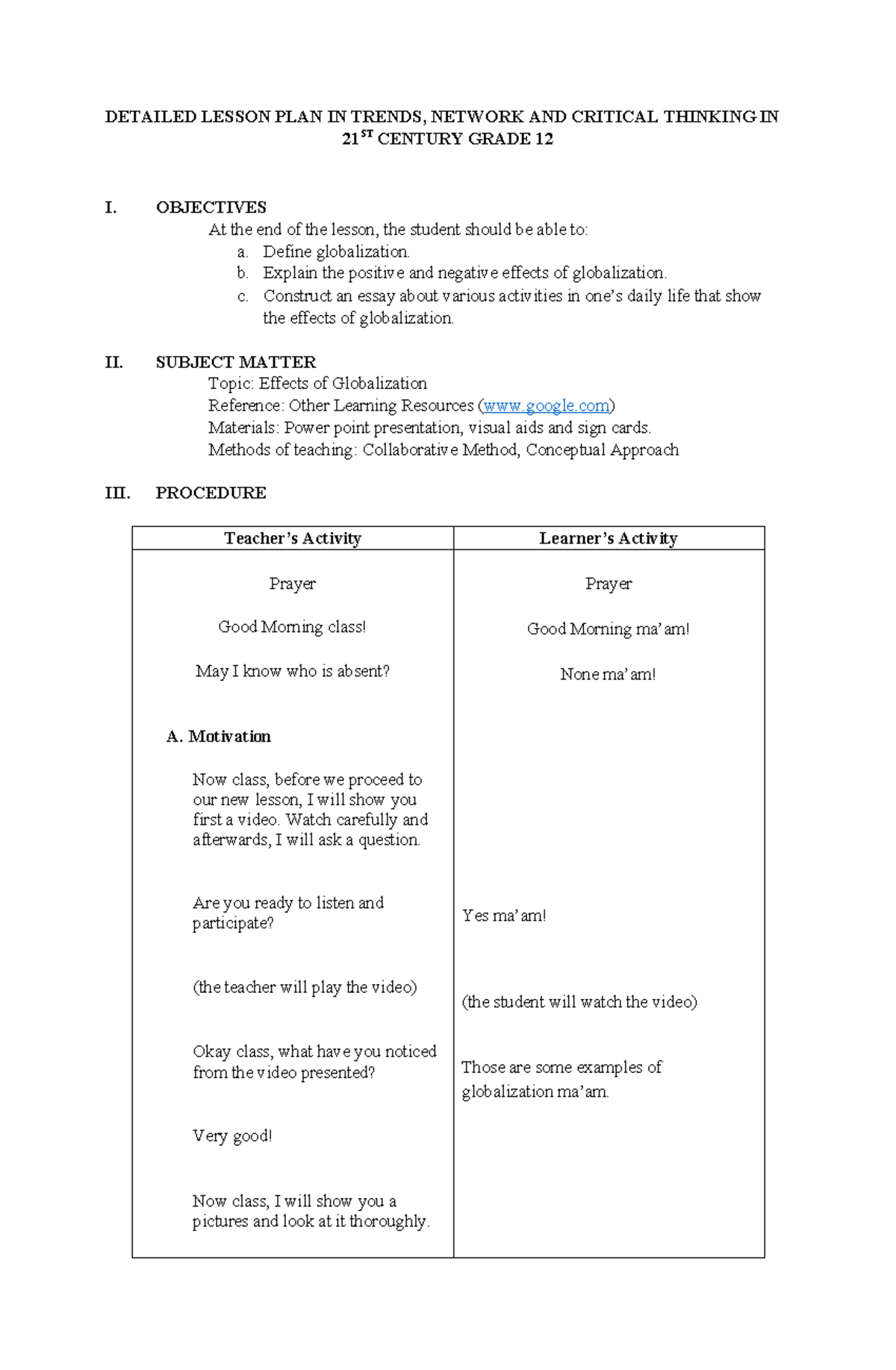 383841686 Globalization Lesson Plan - DETAILED LESSON PLAN IN TRENDS ...