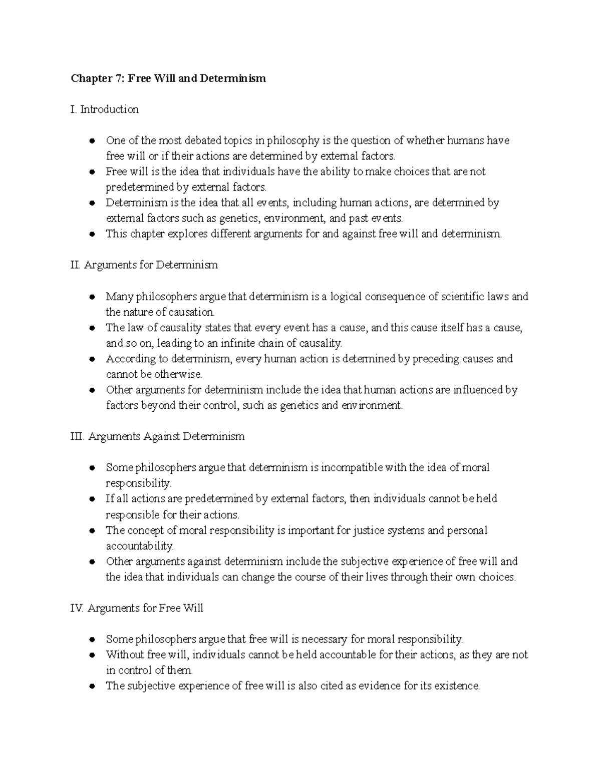PHIL 100 Ch 7 - PHIL 100 Notes for Chapter 7 - Chapter 7: Free Will and ...