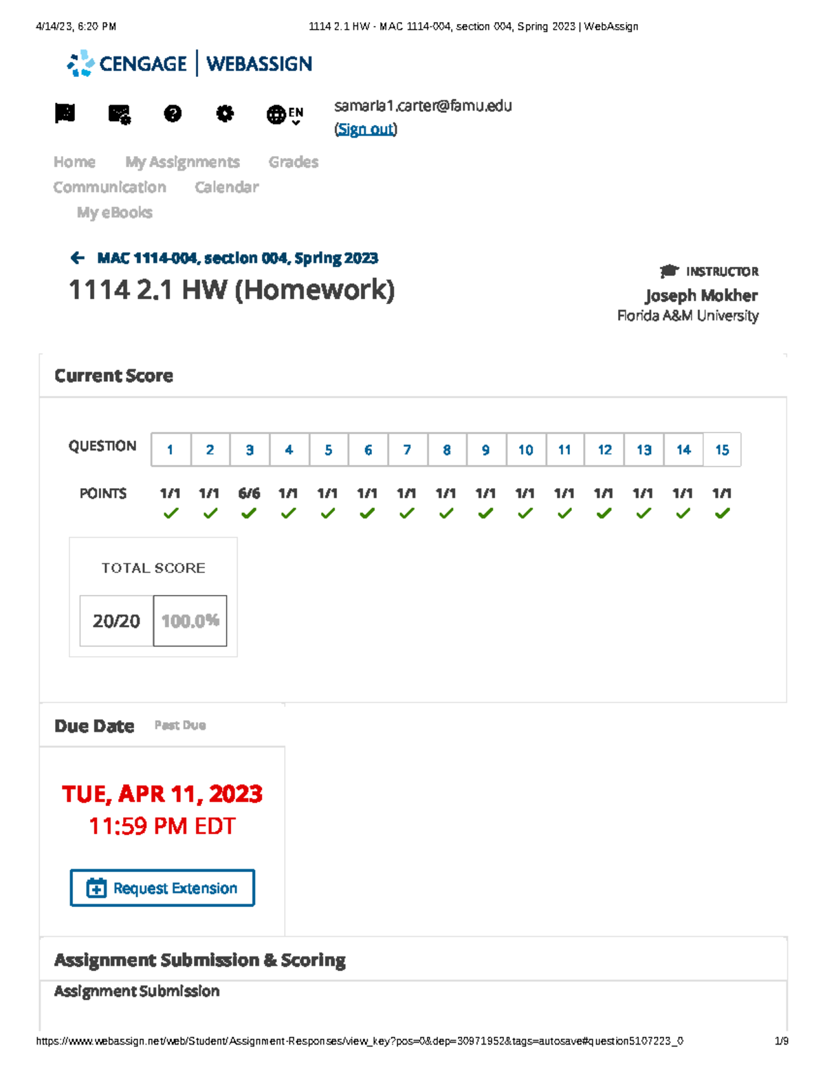 2.1 HW - Webassign Assignment - EN Samaria1@famu (Sign Out) MAC 1114 ...