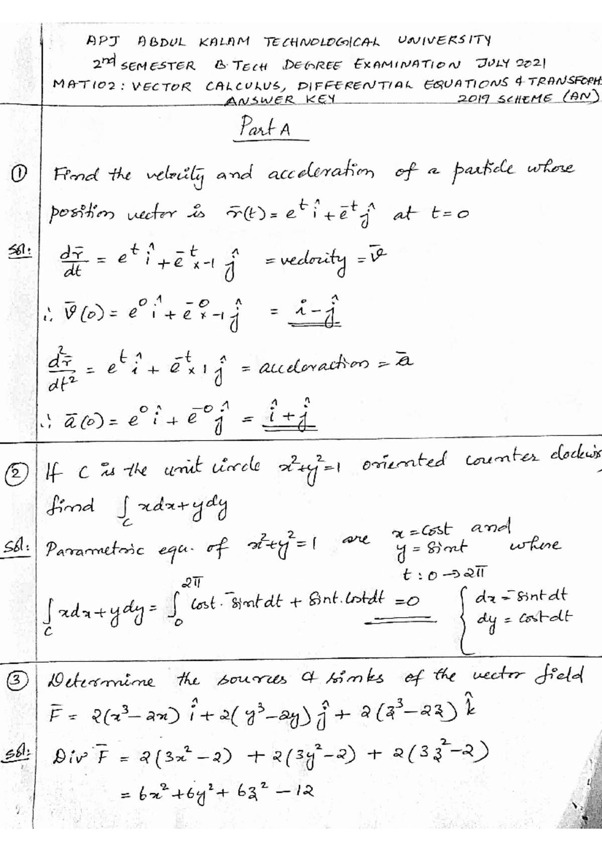 MAT 102 (AN)Answer key Maths answer key Vector Calculus
