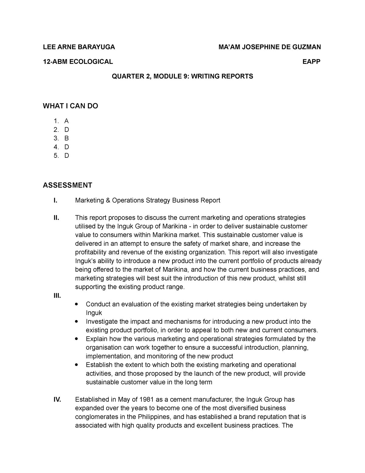 EAPP Module 9 Writing Reports - LEE ARNE BARAYUGA MA’AM JOSEPHINE DE ...