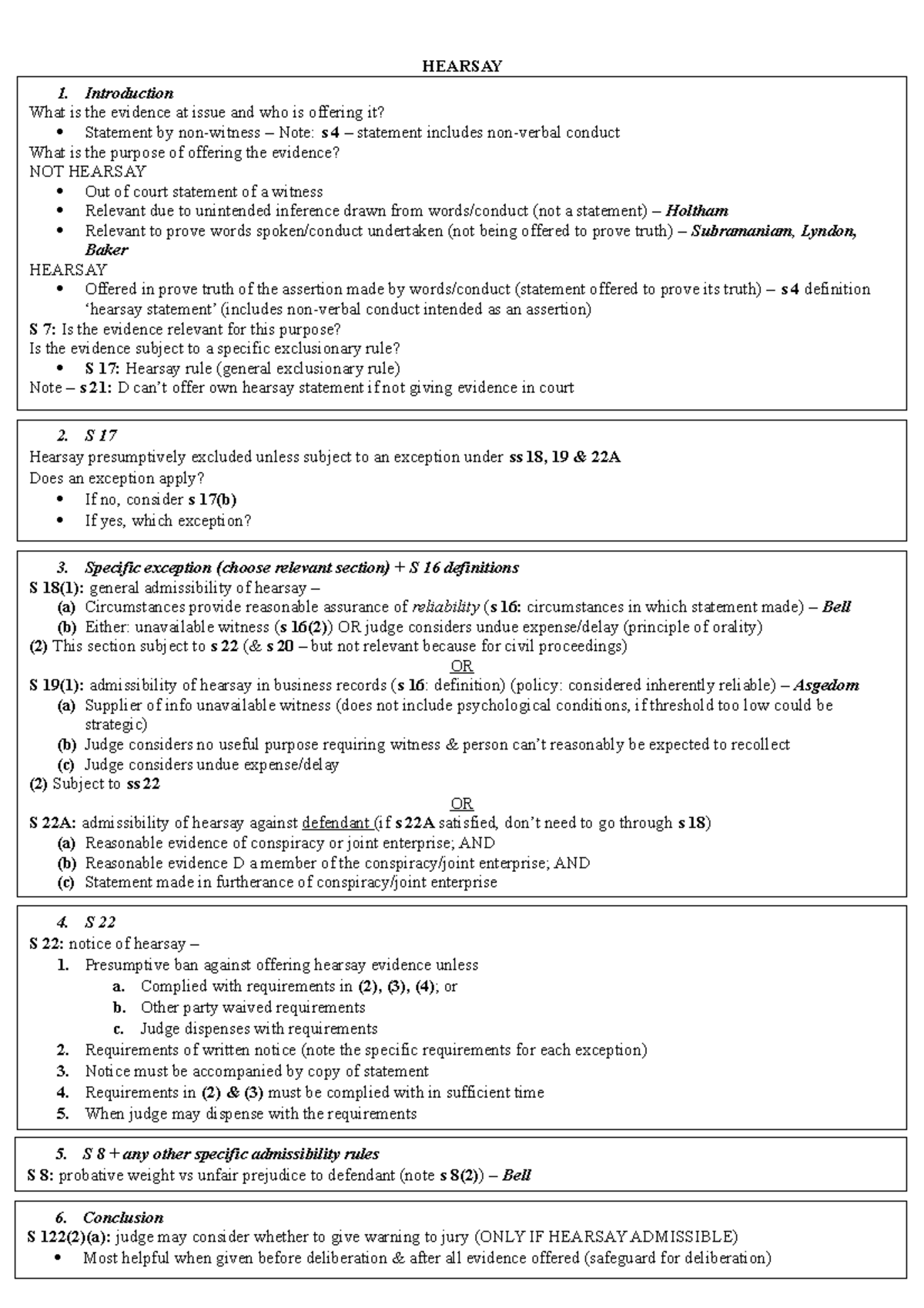 Answer Templates Law Of Evidence Questions HEARSAY 1 Introduction 