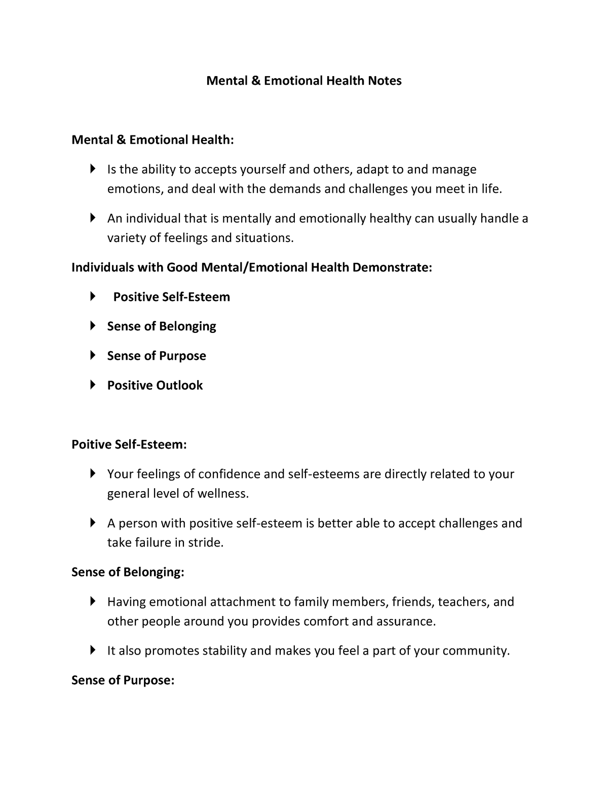 Mental and Emotional Health Notes Fill In - Mental & Emotional Health ...