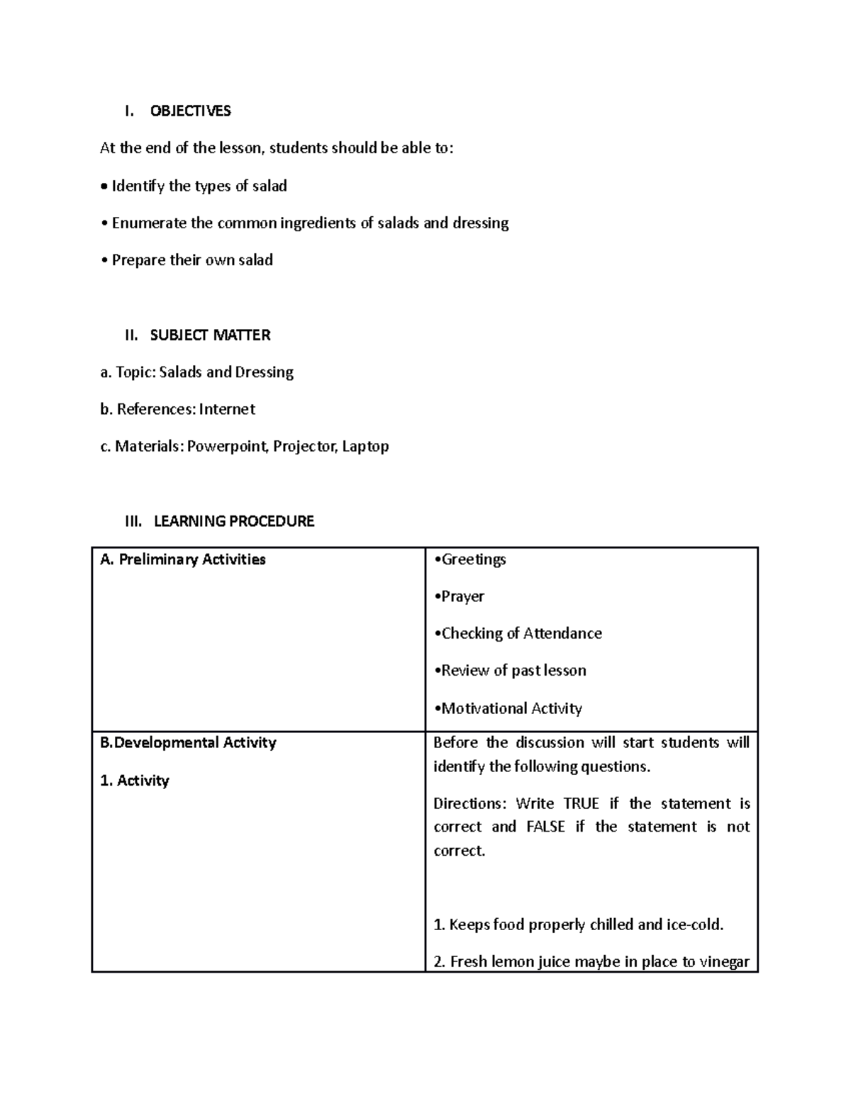 Salad and dressings - I. OBJECTIVES At the end of the lesson, students ...