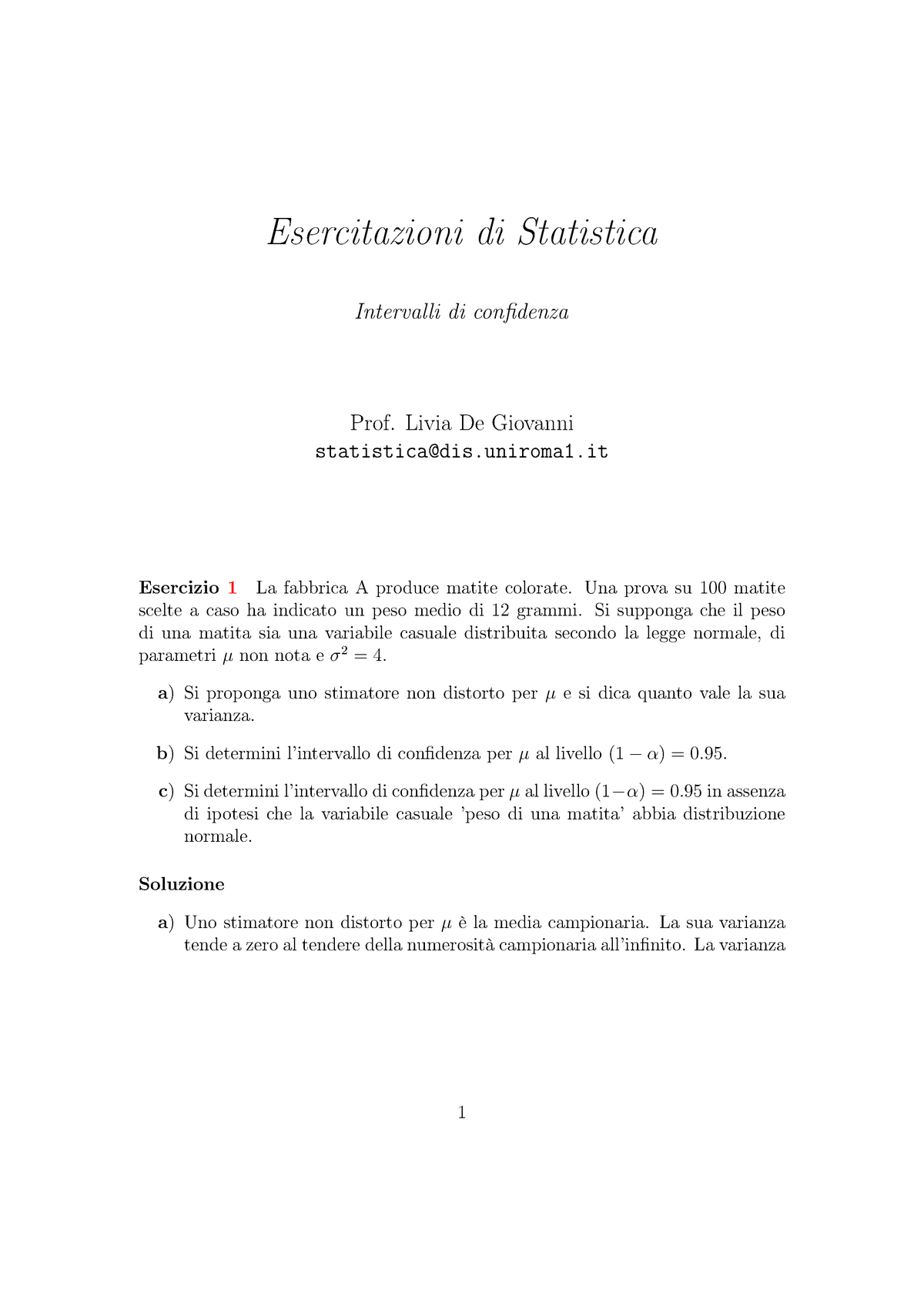 Intervalli Di Confidenza - Esercitazioni Di Statistica Intervalli Di ...