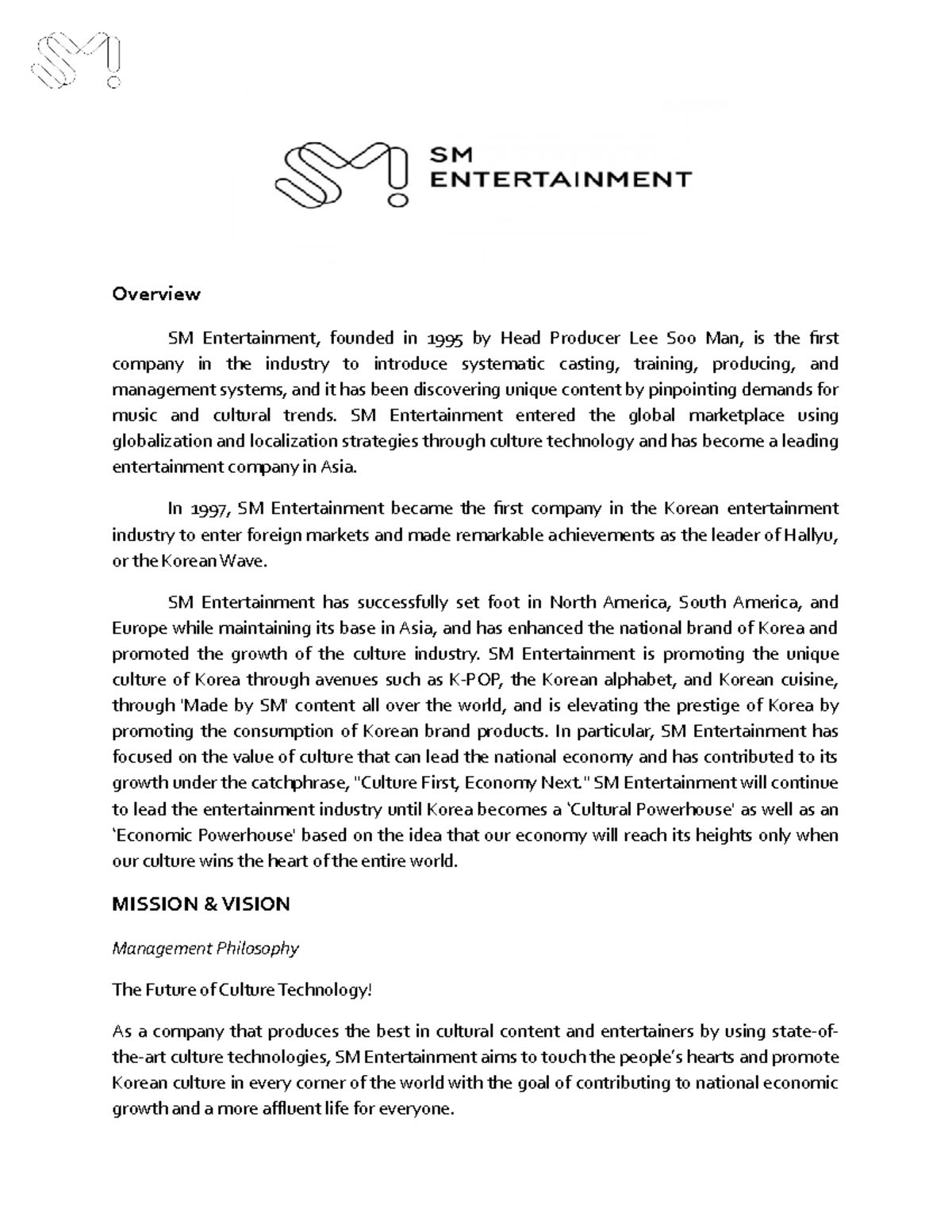 Strategic Management [SM Entertainment] - Overview SM Entertainment ...