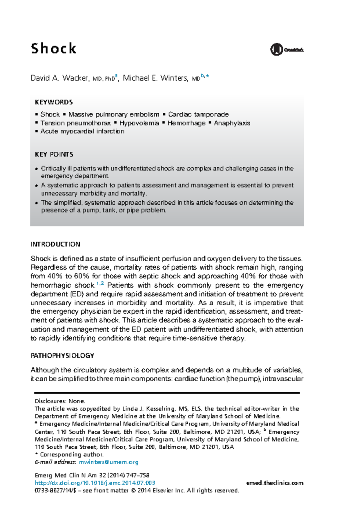 Shock - Sepsis - S h ock David A. Wacker, MD, PhDa, Michael E. Winters ...