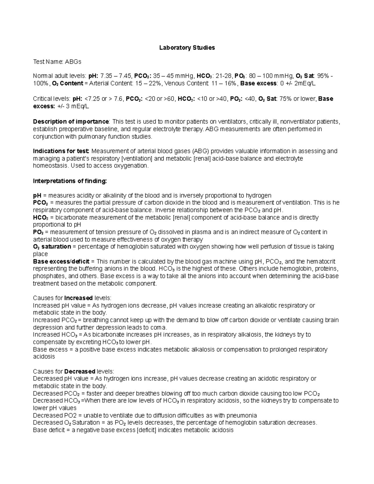 Blood Gases and ABGs Laboratory Studies Test Name ABGs Normal adult