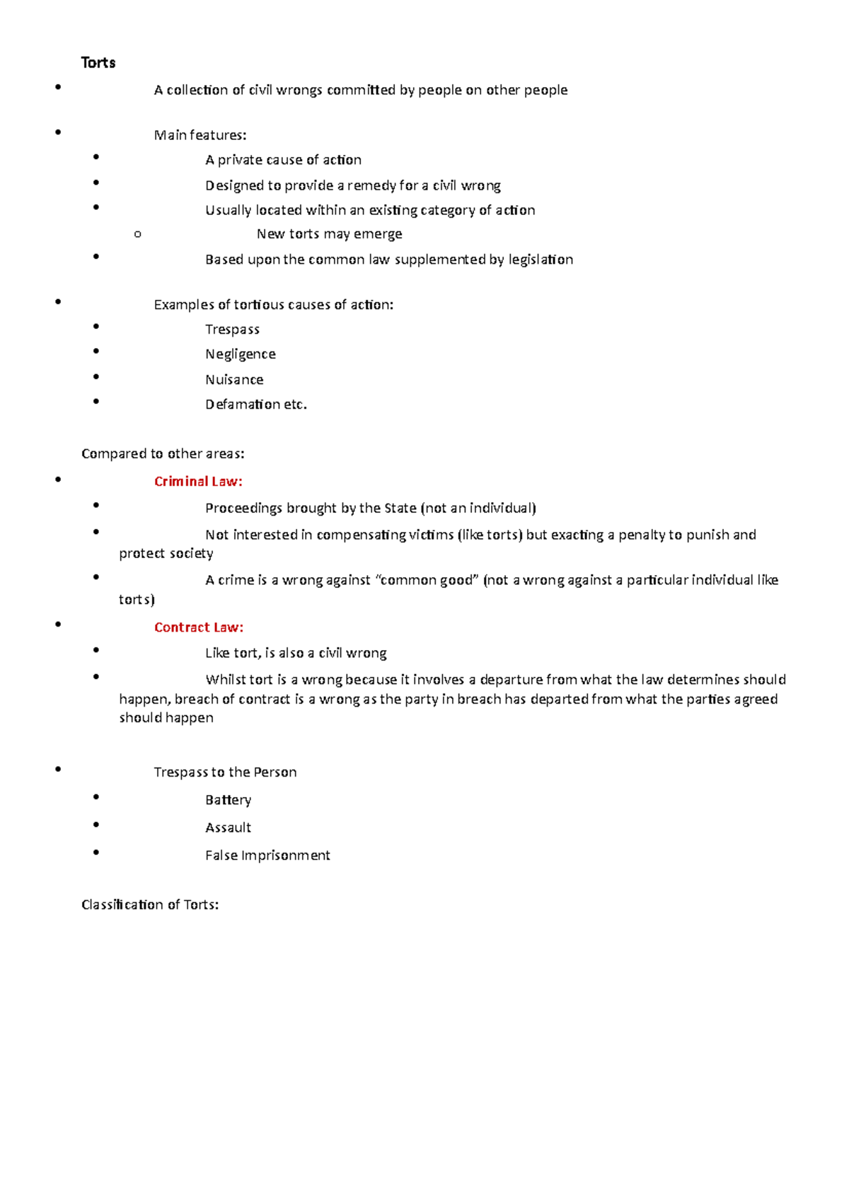 Llb102 notes - Torts A collection of civil wrongs committed by people ...