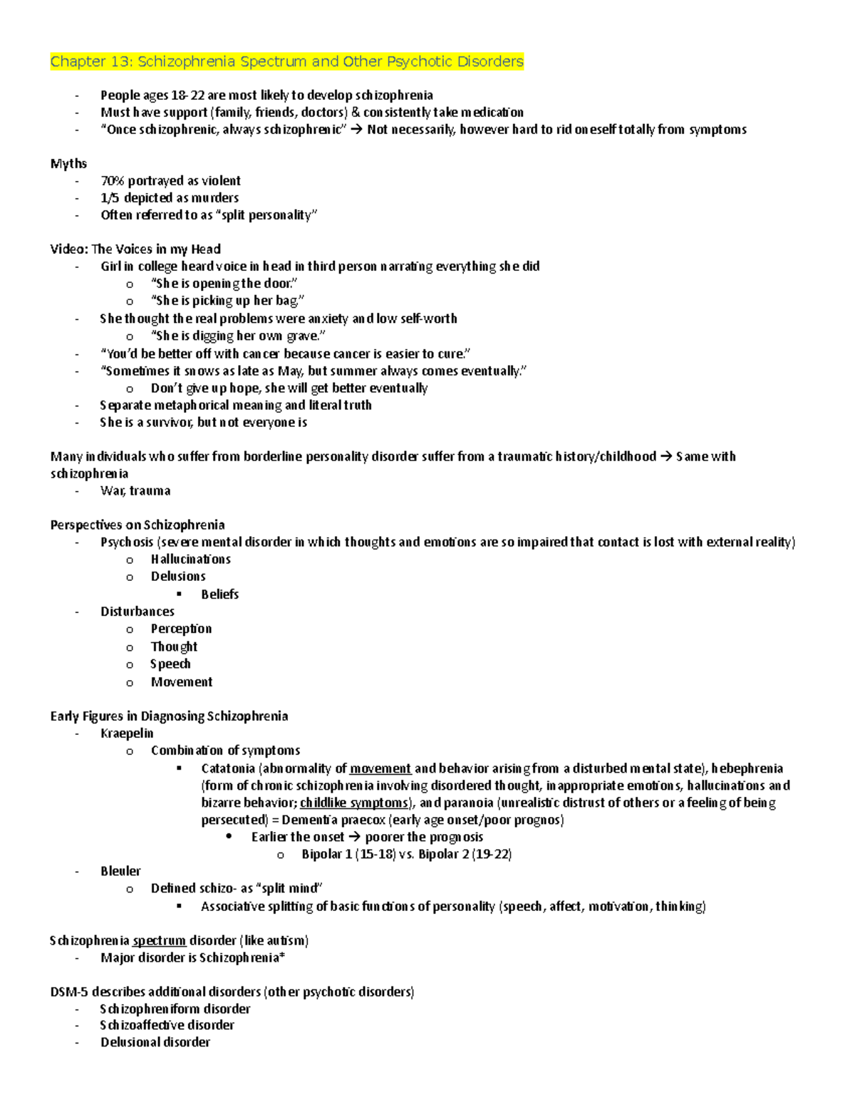 Final Notes - Chapter 13: Schizophrenia Spectrum and Other Psychotic ...