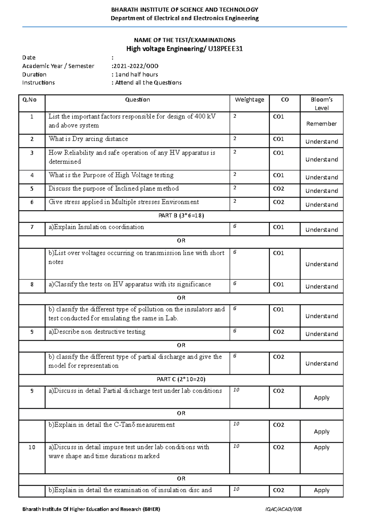 HV IAT1 - test paper for practice - BHARATH INSTITUTE OF SCIENCE AND ...