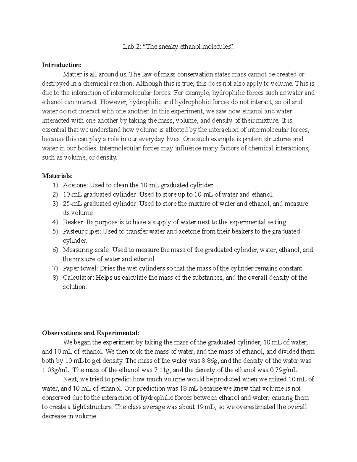 Chem lab 2 chem 106 lab completed Lab 2 “The sneaky ethanol