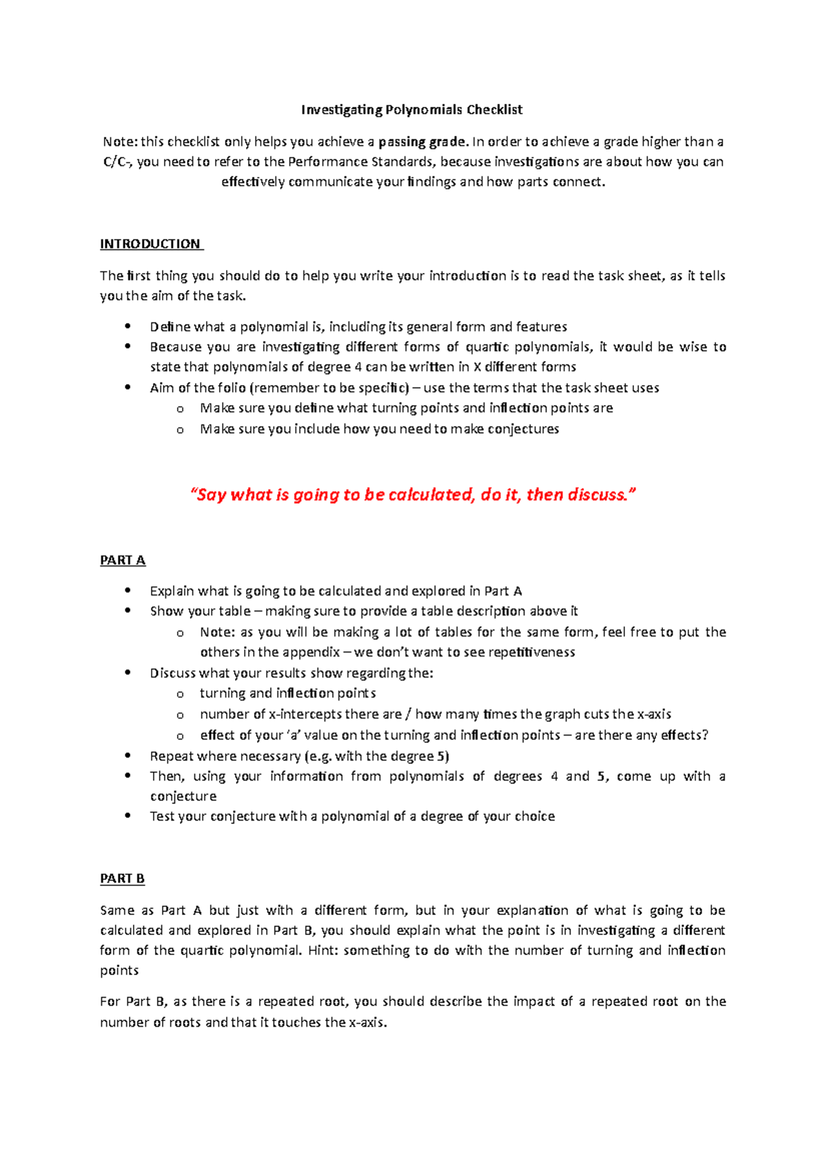 Investigating Polynomials Checklist - In order to achieve a grade ...