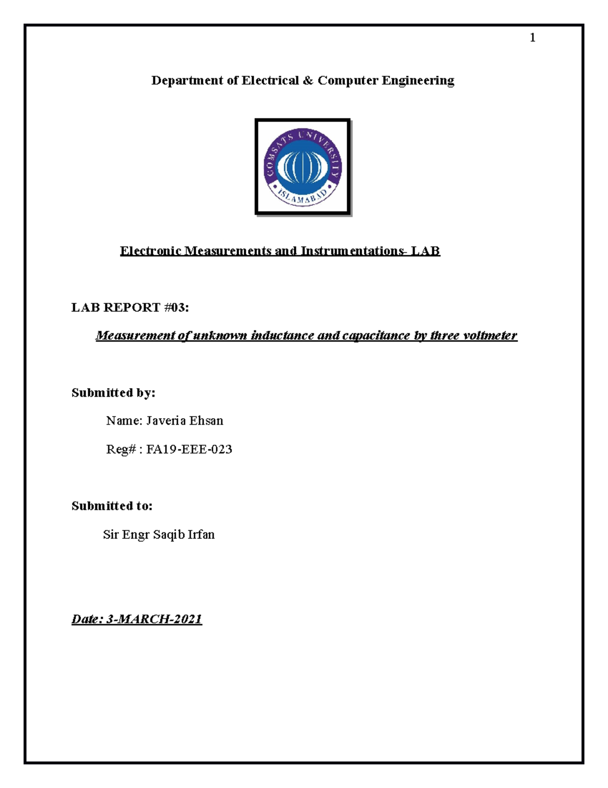 FA19-EEE-023(LAB03EMI) lab report - Department of Electrical & Computer ...