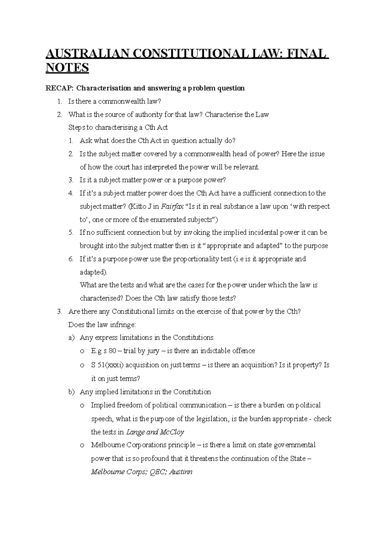 ACL - Final Notes - AUSTRALIAN CONSTITUTIONAL LAW: FINAL NOTES RECAP ...