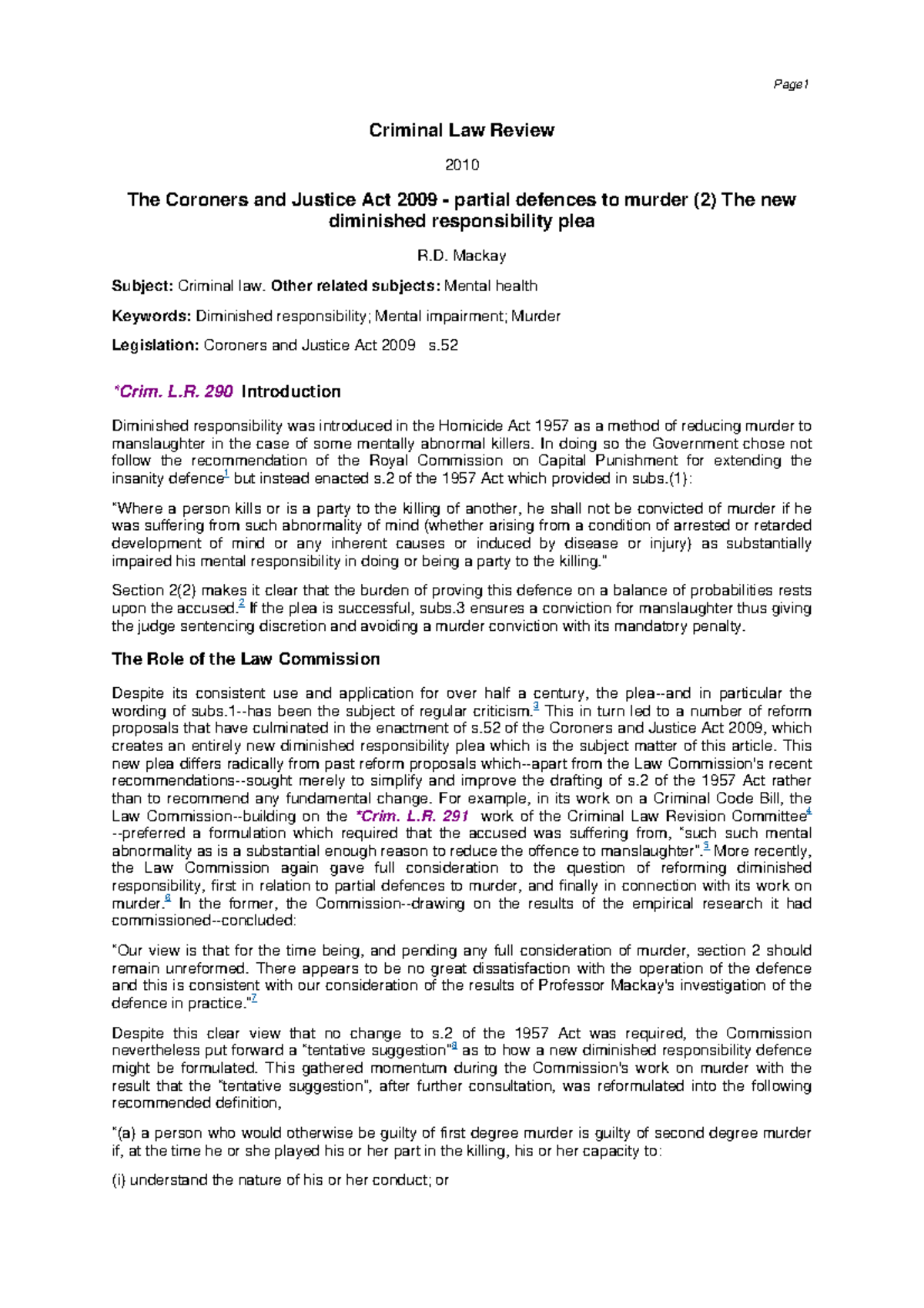 Article loss of control diminished responsiblity 2 - Criminal Law ...