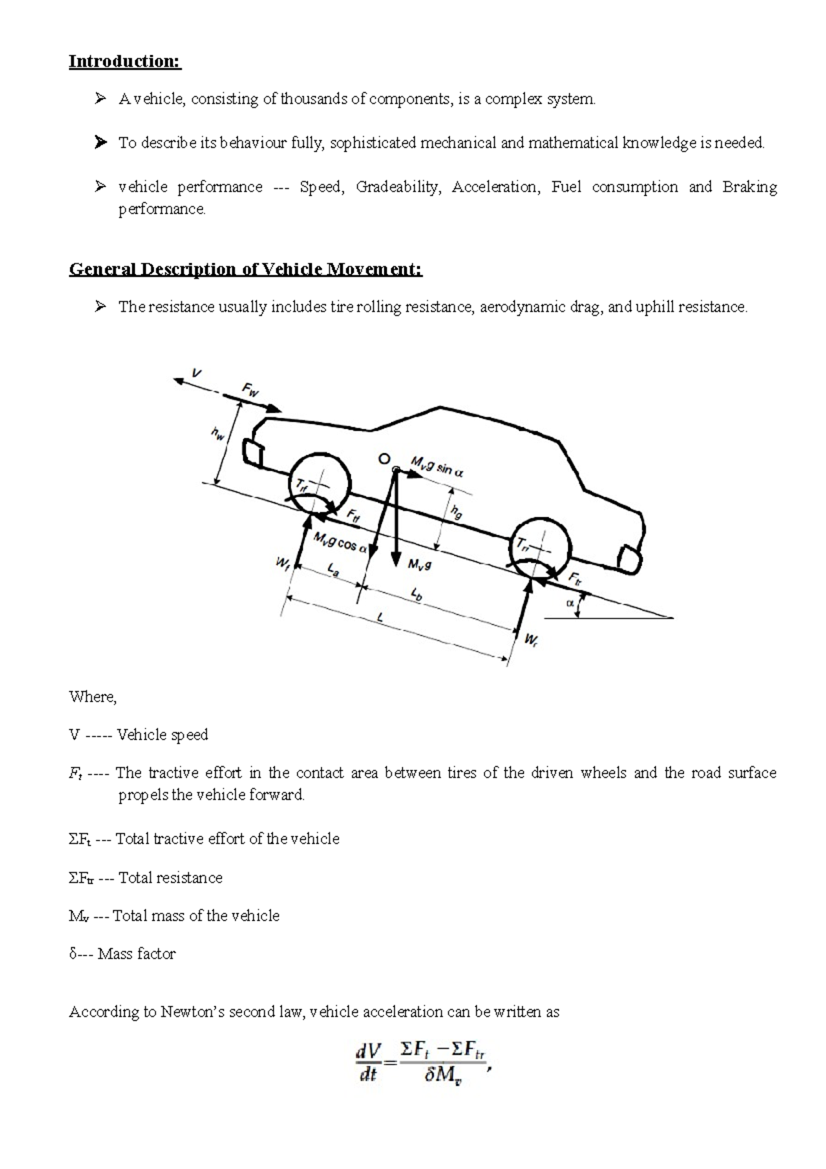 Unit 1 Class Material Introduction A vehicle, consisting of