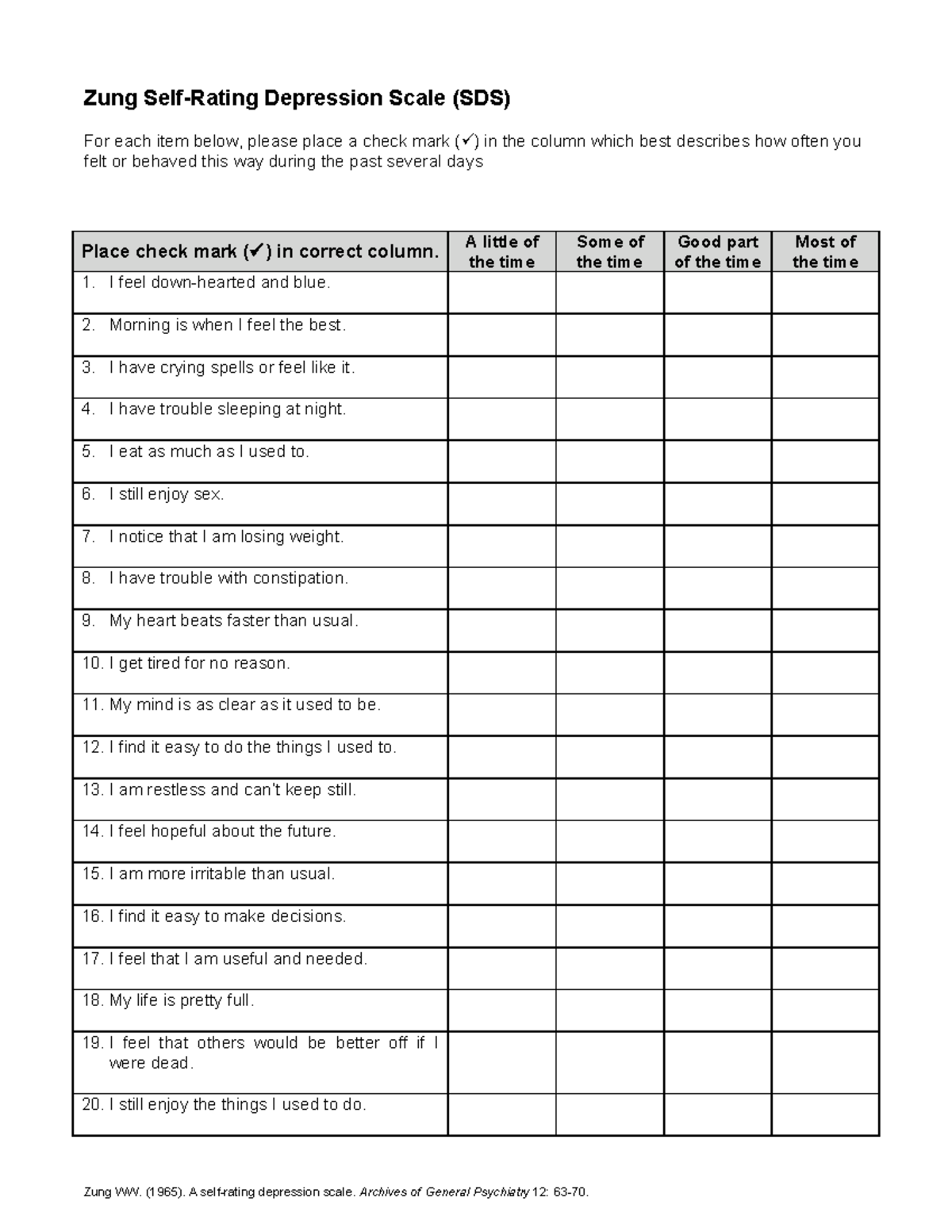 Zung Depression assessment scale - Zung WW. (1965). A self-rating ...