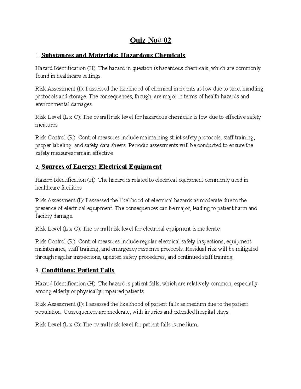 Risk Assesment Assignment Quiz No 02 1. Substances and Materials