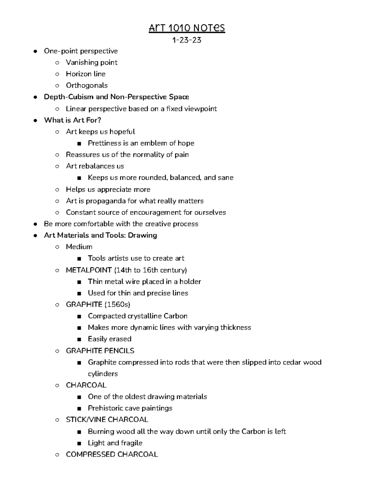 Art-1010 Notes 1-23-23 - Art 1010 Notes 1-23- One-point perspective ...