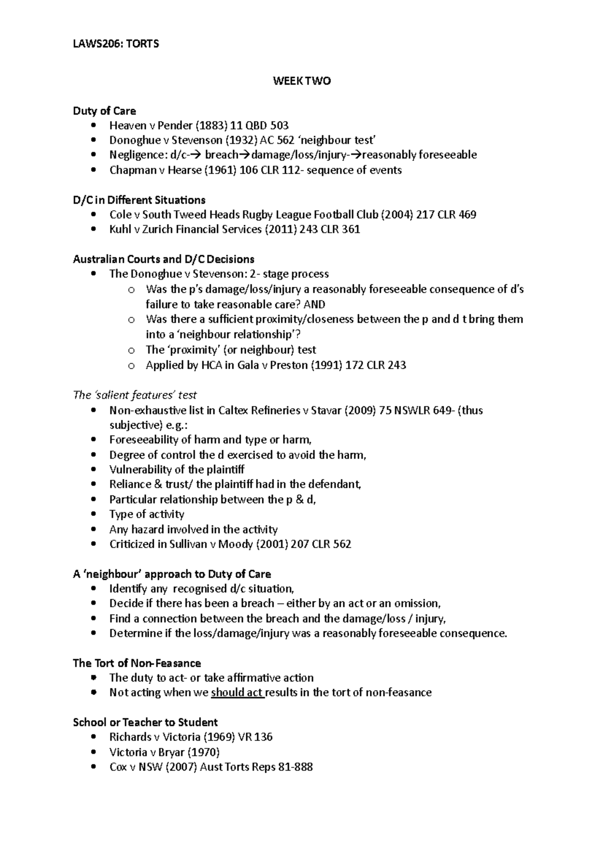 Torts Week 2 L Notes - LAWS206: TORTS WEEK TWO Duty of Care Heaven v ...