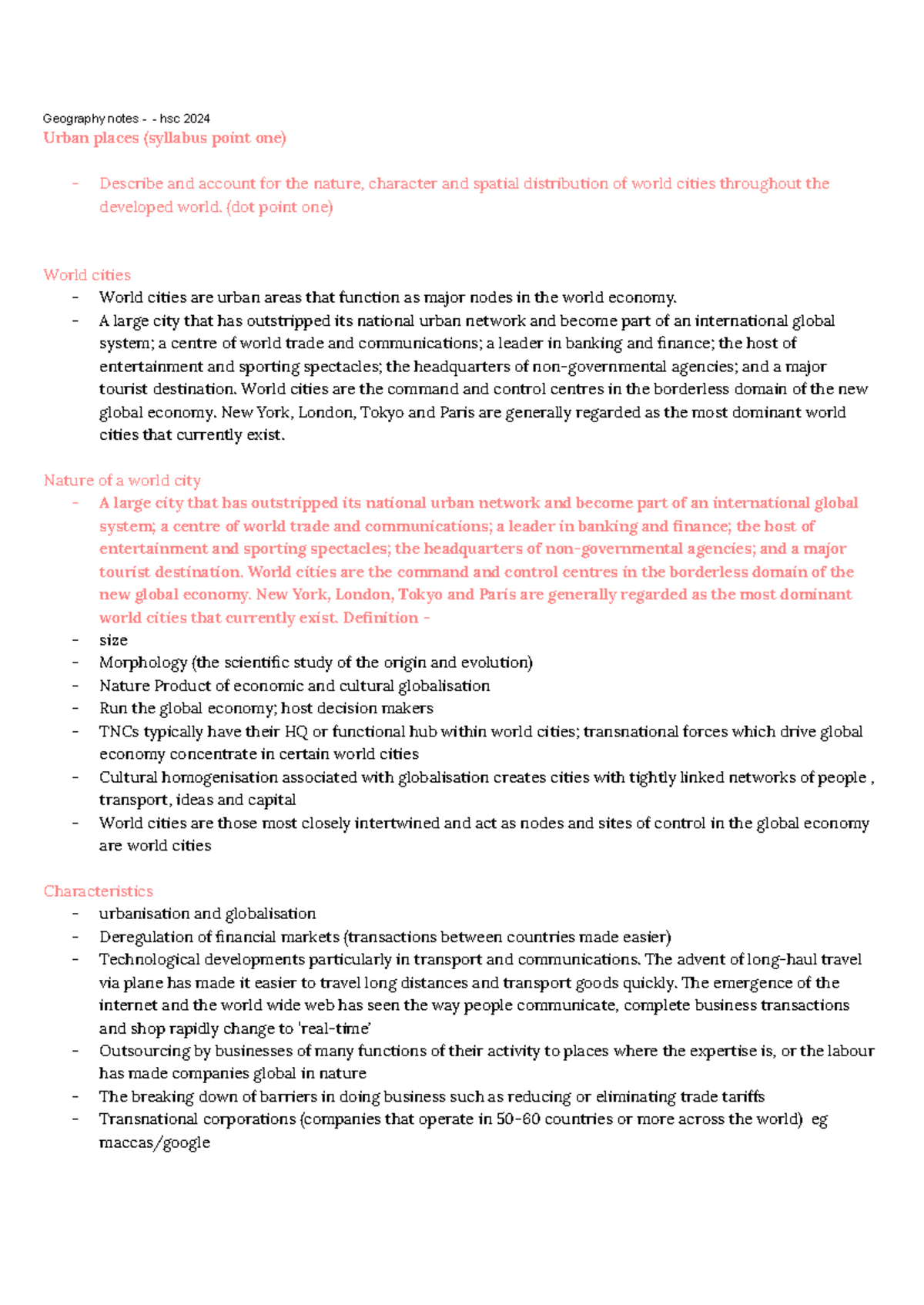 Geo study notes hsc - Geography notes - hsc 2024 Urban places (syllabus ...