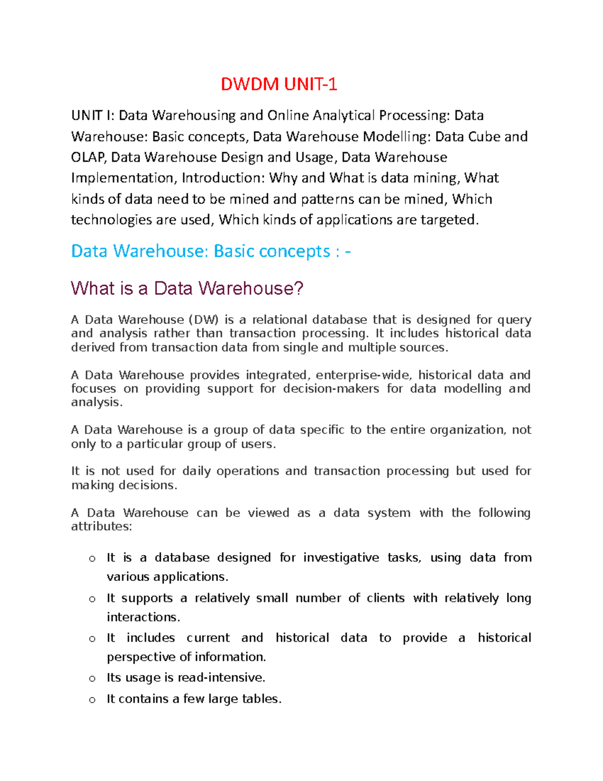 DWDM UNIT-1 - DWDM UNIT- UNIT I: Data Warehousing and Online Analytical ...
