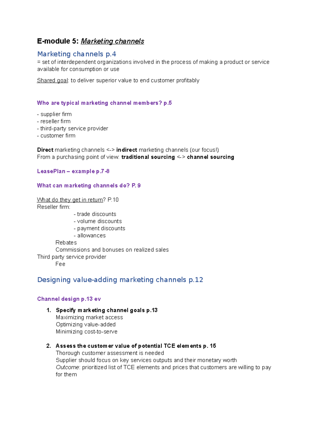 Summary emodule 5 5 Marketing channels Marketing channels p set of