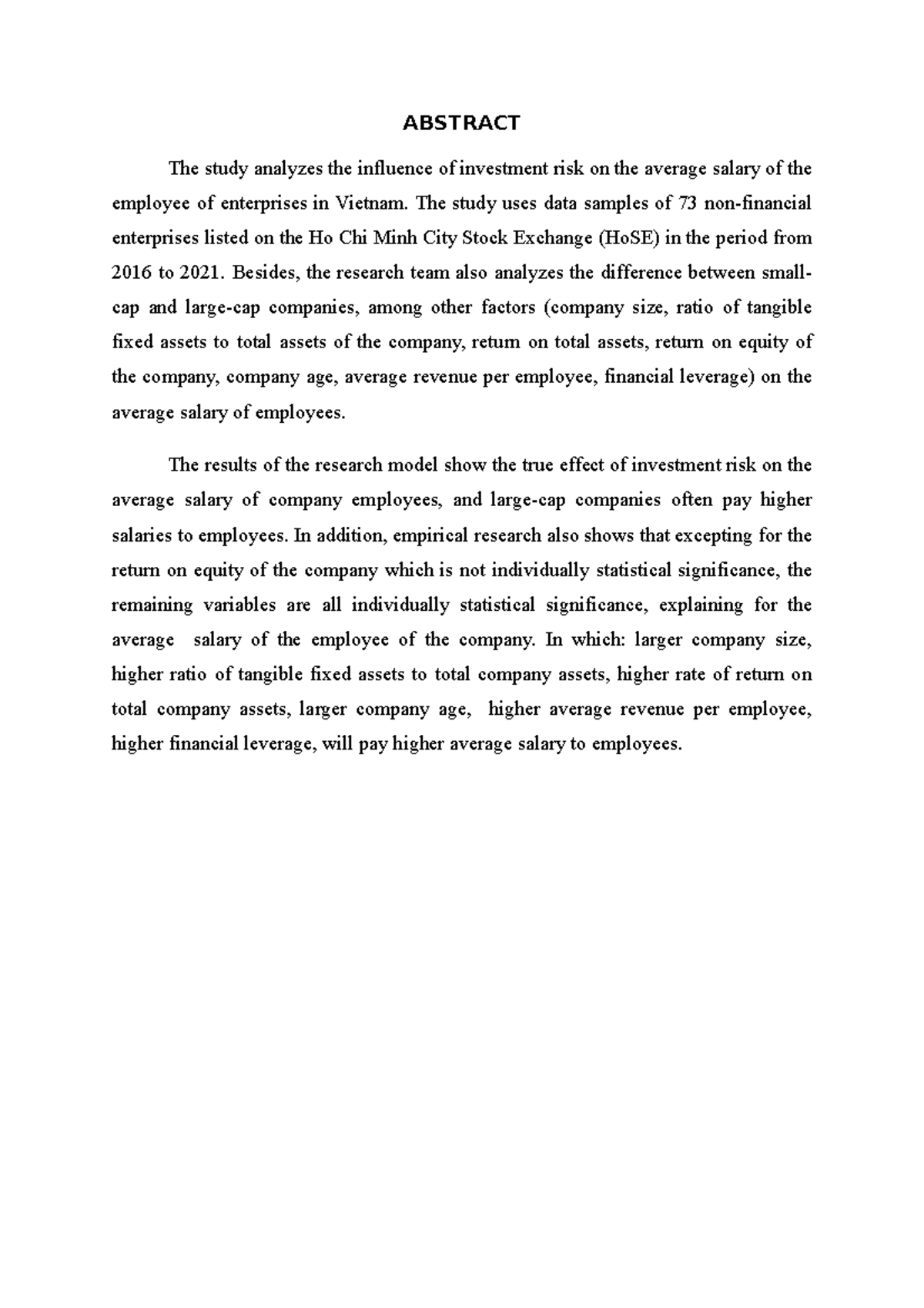 Abstract Finance Analysis ABSTRACT The study analyzes the influence