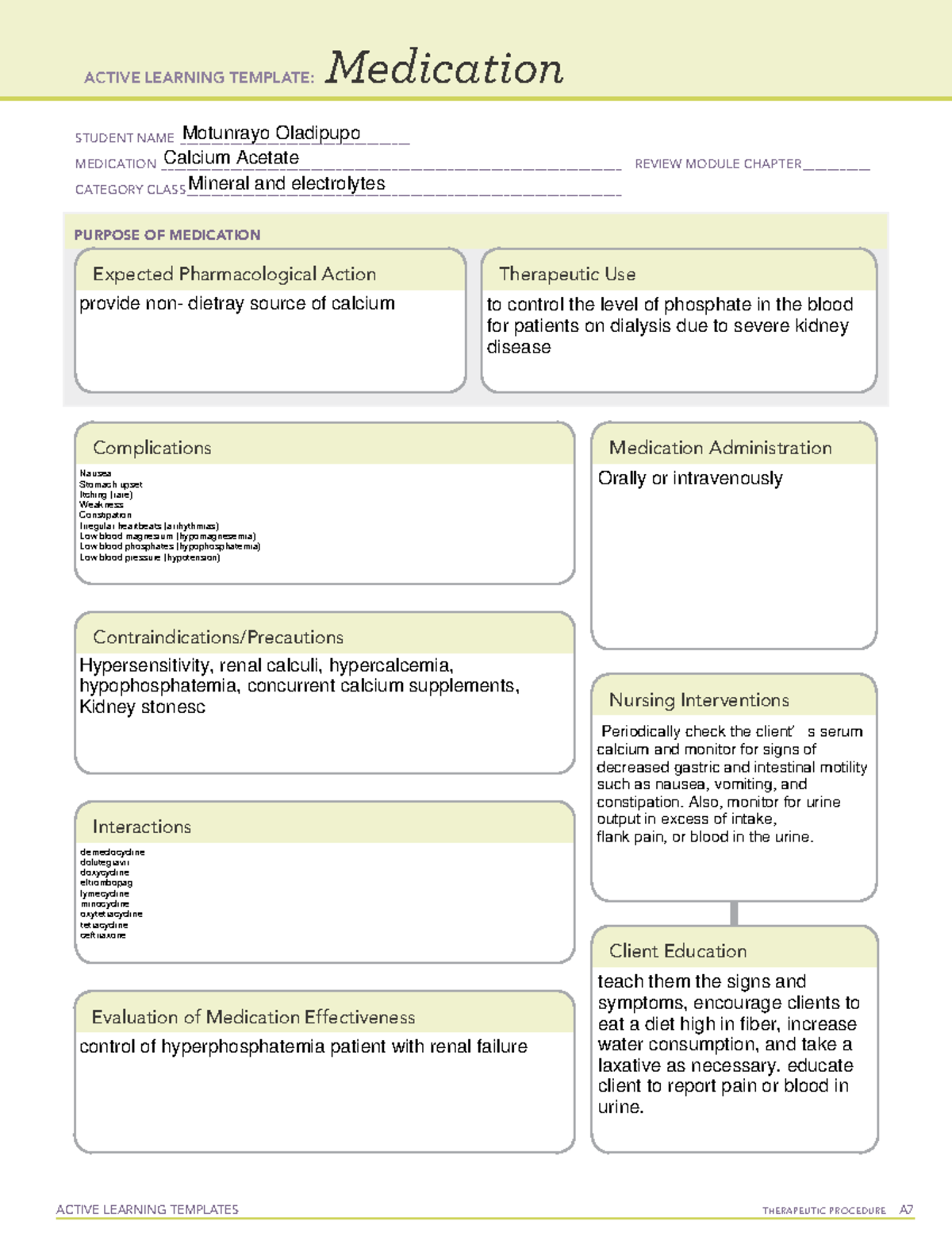 Calcium Acetate - nursing fundamental skills template and worksheet ...