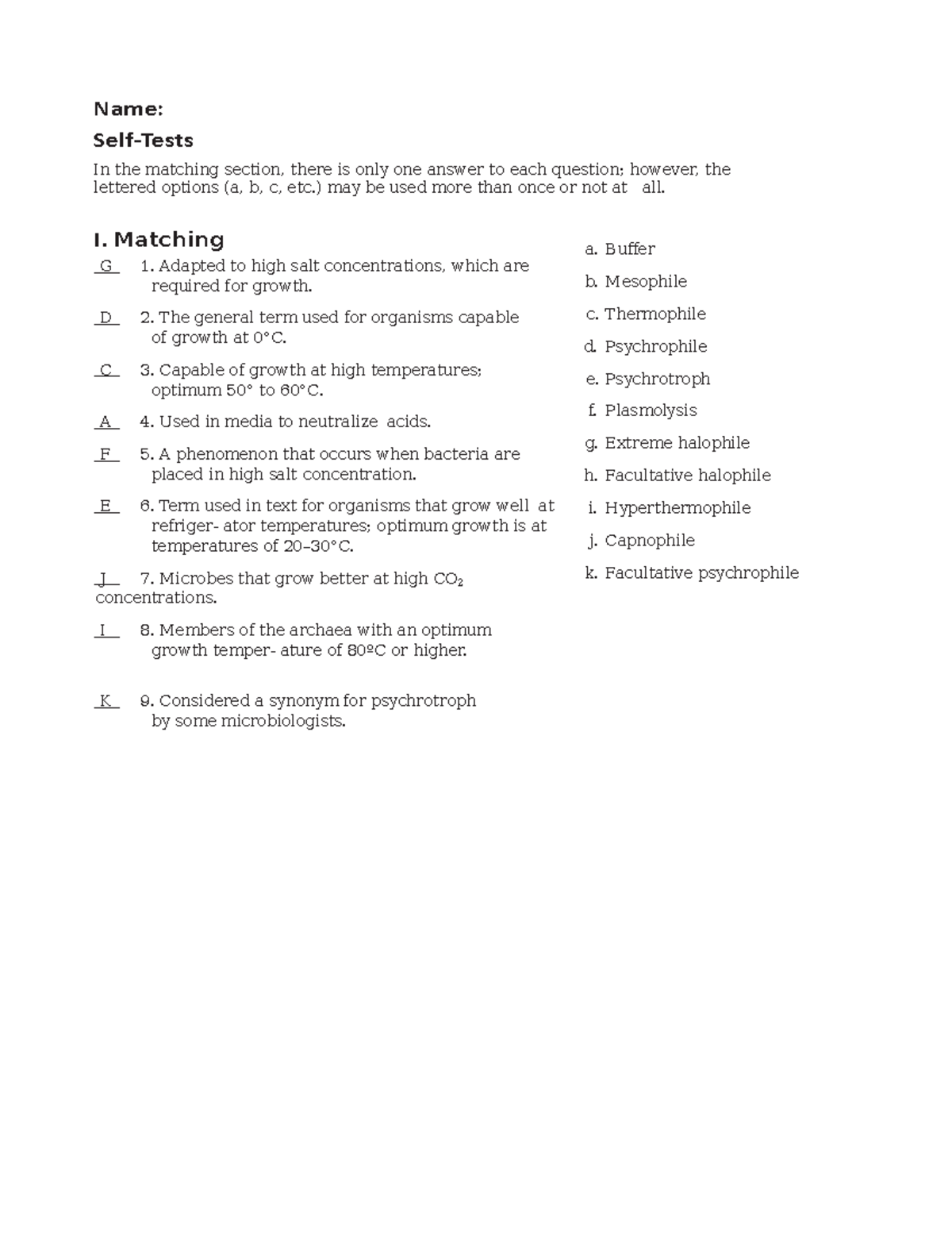 Growth Packet Worksheet 2021 - Name: Self-Tests In the matching section ...