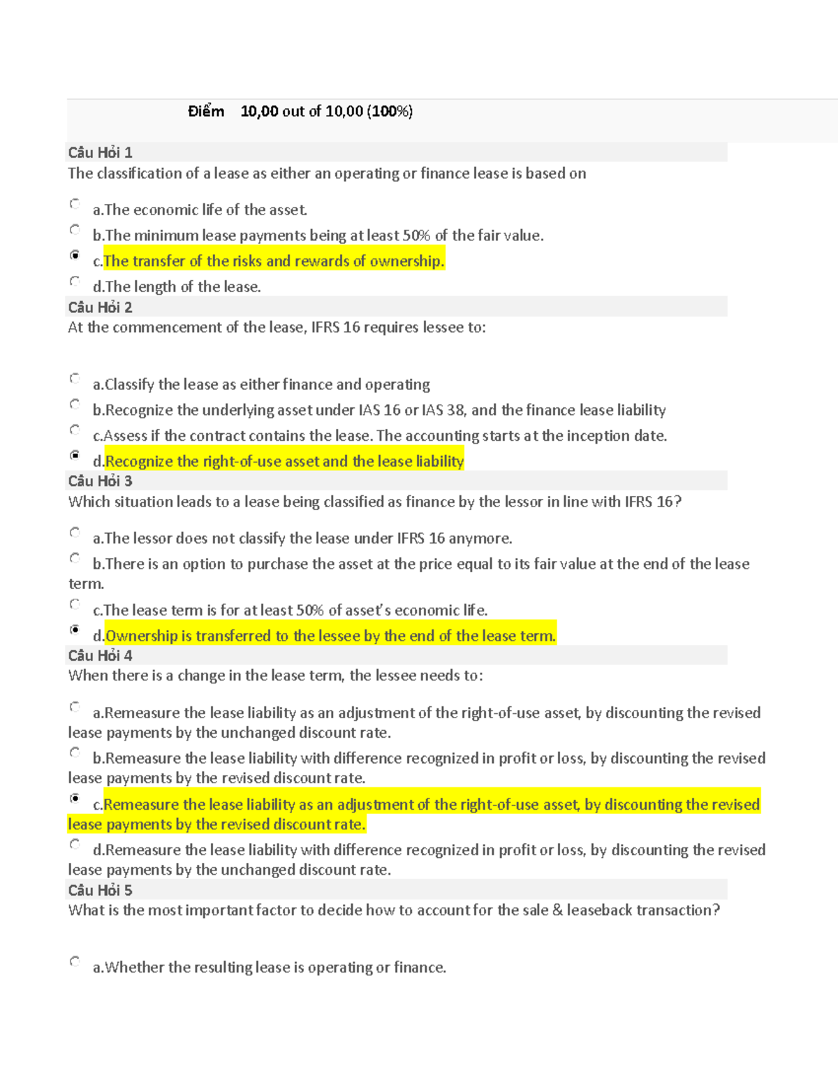 Quizz Topic 6 Leases - Điểm 10,00 out of 10,00 ( 100 %) Câu Hỏi 1 The ...