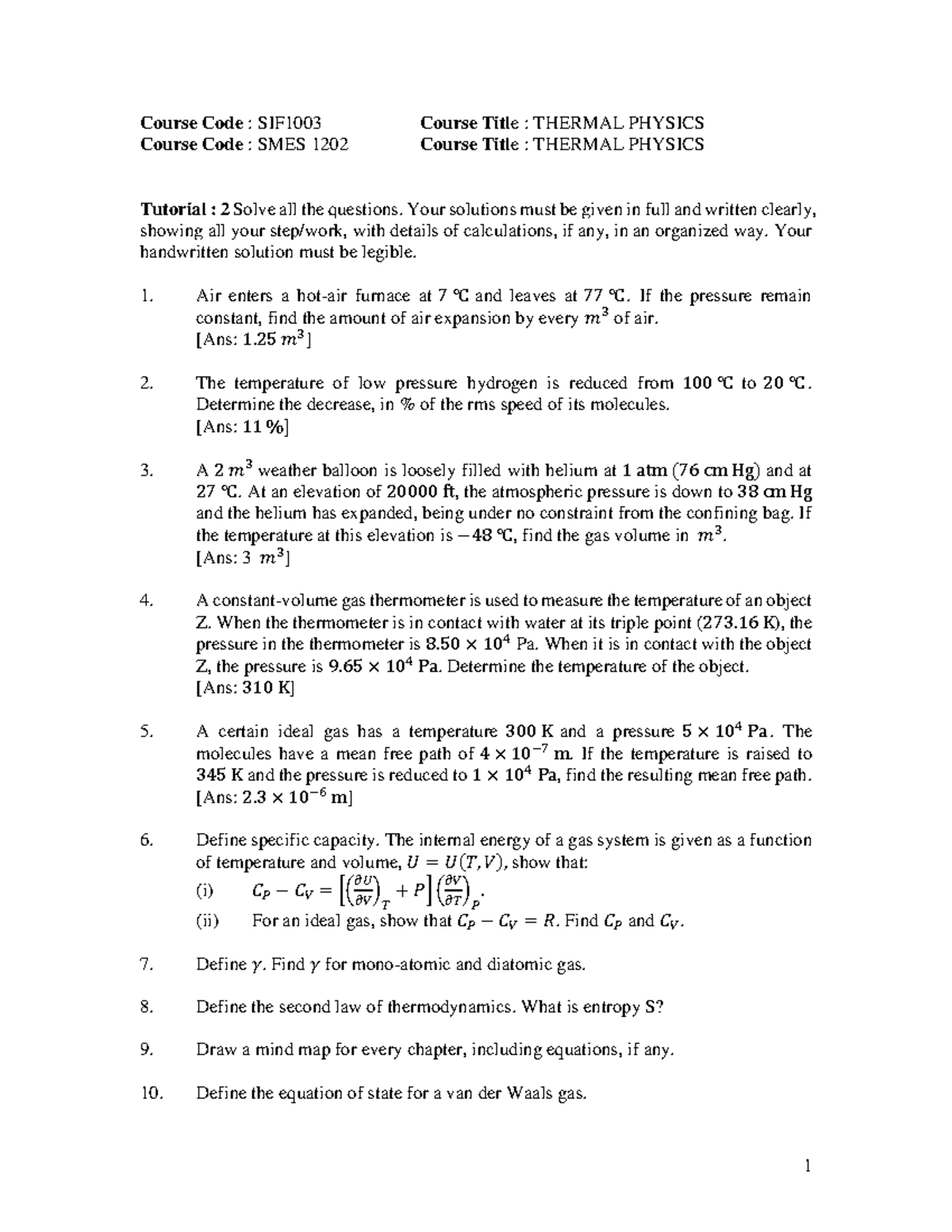 Tutorial 2 Heat transfer/heat capacity (thermal activity semester 2 ...