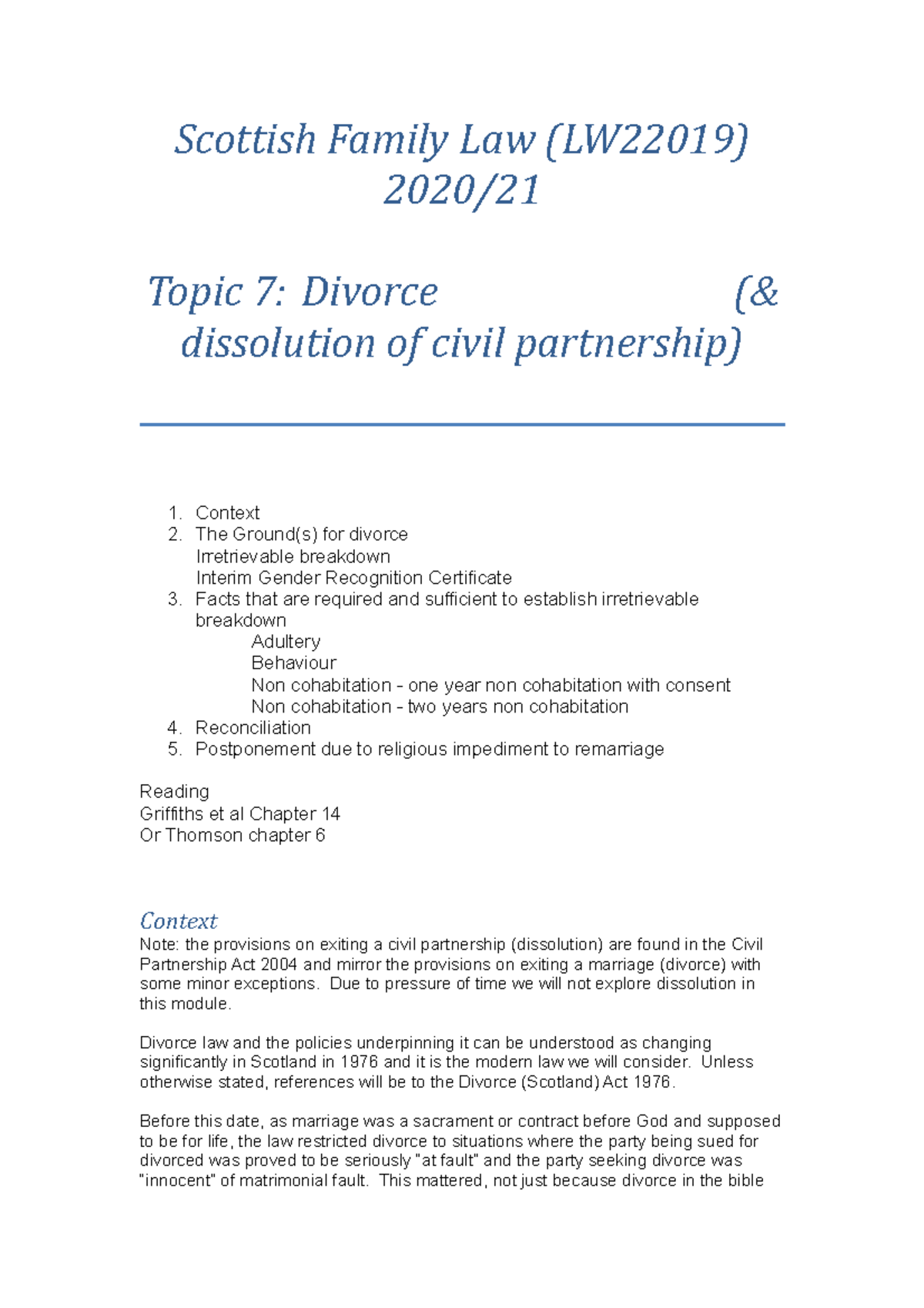 Guide Divorce Scottish Family Law (LW22019) 2020/ Topic 7 Divorce