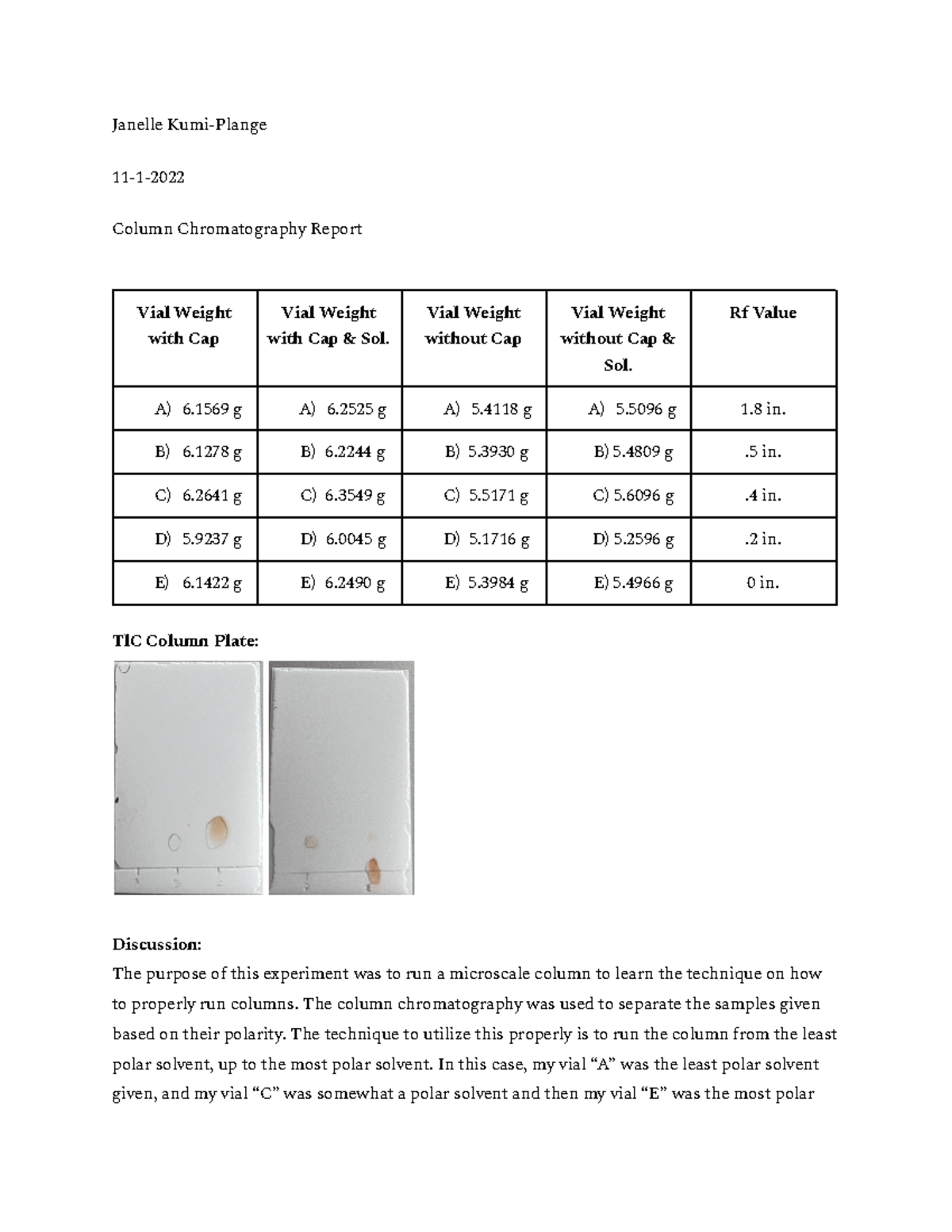 Column Chromatography Report Janelle KumiPlange 111 Column