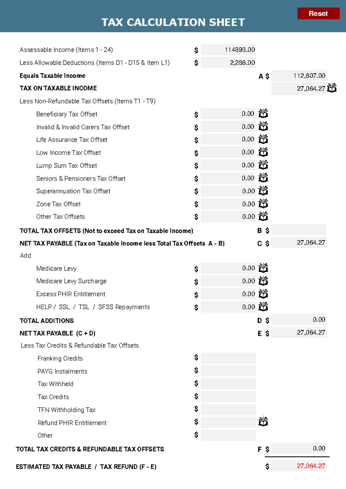 Daphne Crane - TAX CALCULATION SHEET ####### Assessable Income (Items 1 ...