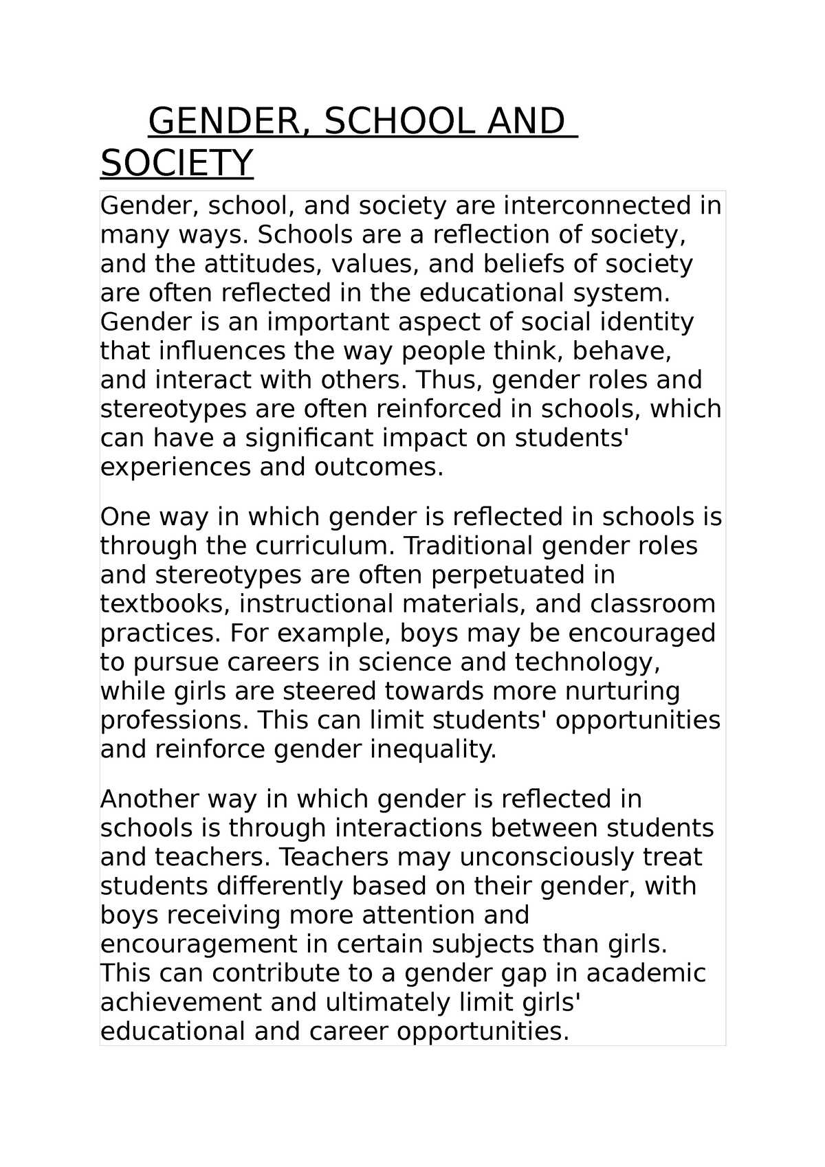 assignment on gender school and society