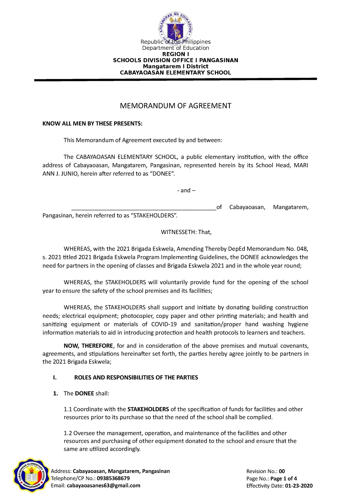 Memorandum Of Agreement Lecture Notes Republic Of The Philippines Department Of Education 3722