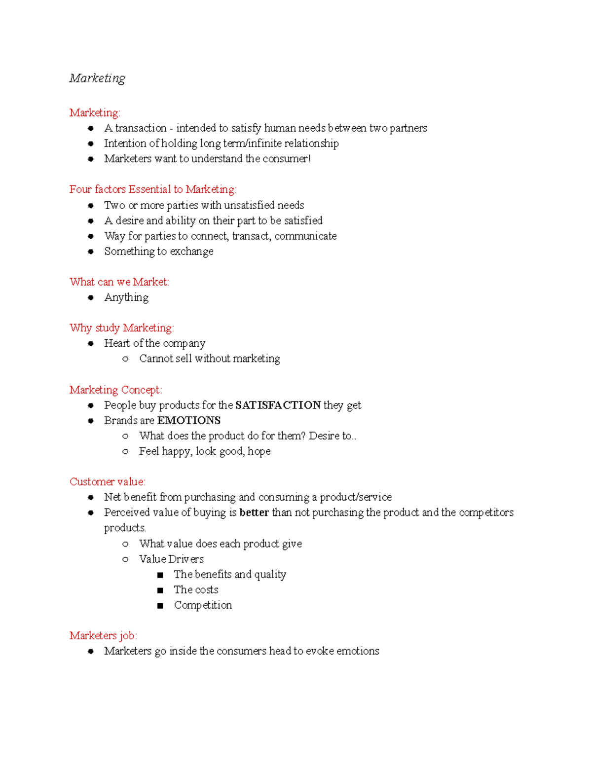 Full Course Lec Notes - Marketing Marketing: A transaction - intended ...
