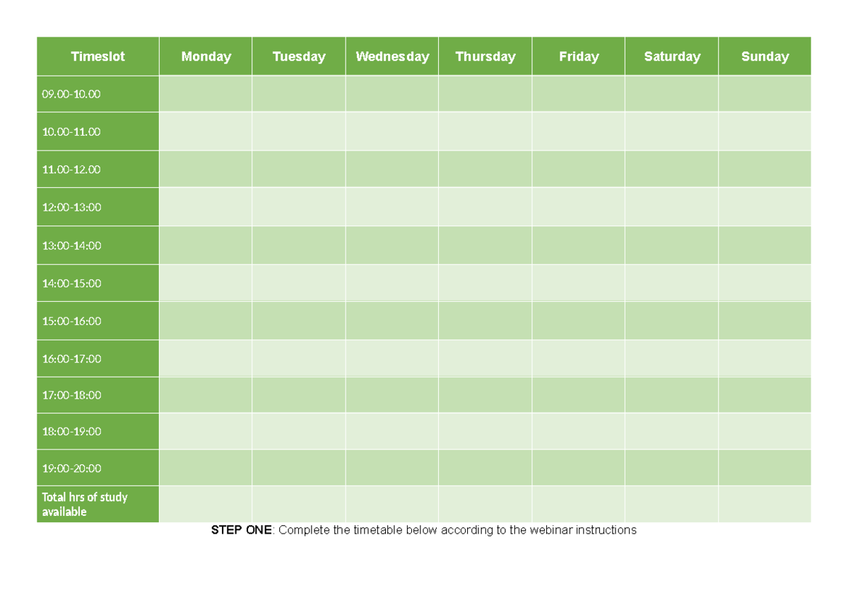 Study Timetable - Timeslot Monday Tuesday Wednesday Thursday Friday ...